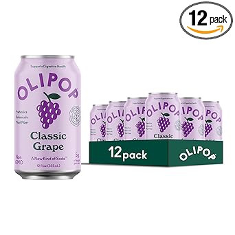 OLIPOP Prebiotic Soda Pop, Classic Grape, Pantry Pack Packed with Prebiotics, Fiber, and Botanicals, Gluten Free, Vegan, GMO Free, 12oz (12-Cans)