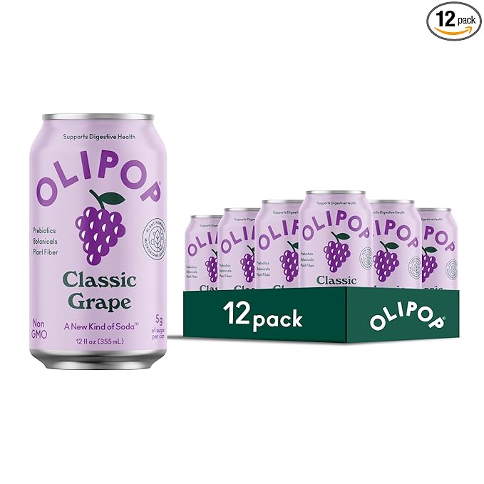 OLIPOP Prebiotic Soda Pop, Classic Grape, Pantry Pack Packed with Prebiotics, Fiber, and Botanicals, Gluten Free, Vegan, GMO Free, 12oz (12-Cans)