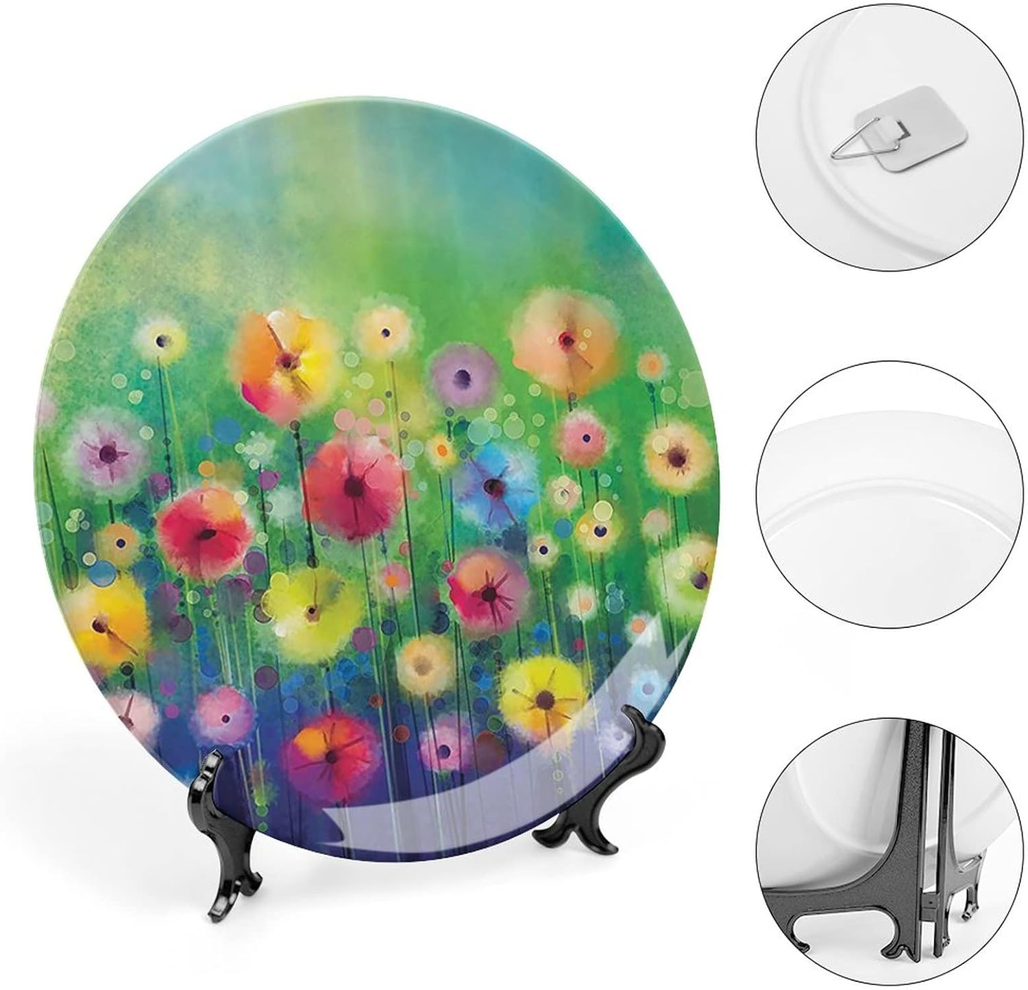 8 Inch Decorative Plate, Watercolor Porcelain Plate, Blossom Plants Herbs Garden Colorful Spring Petal Flowers Print Ceramic Wall Hanging Decor Accessory for Dining Table Tabletop Home Decor, Multy