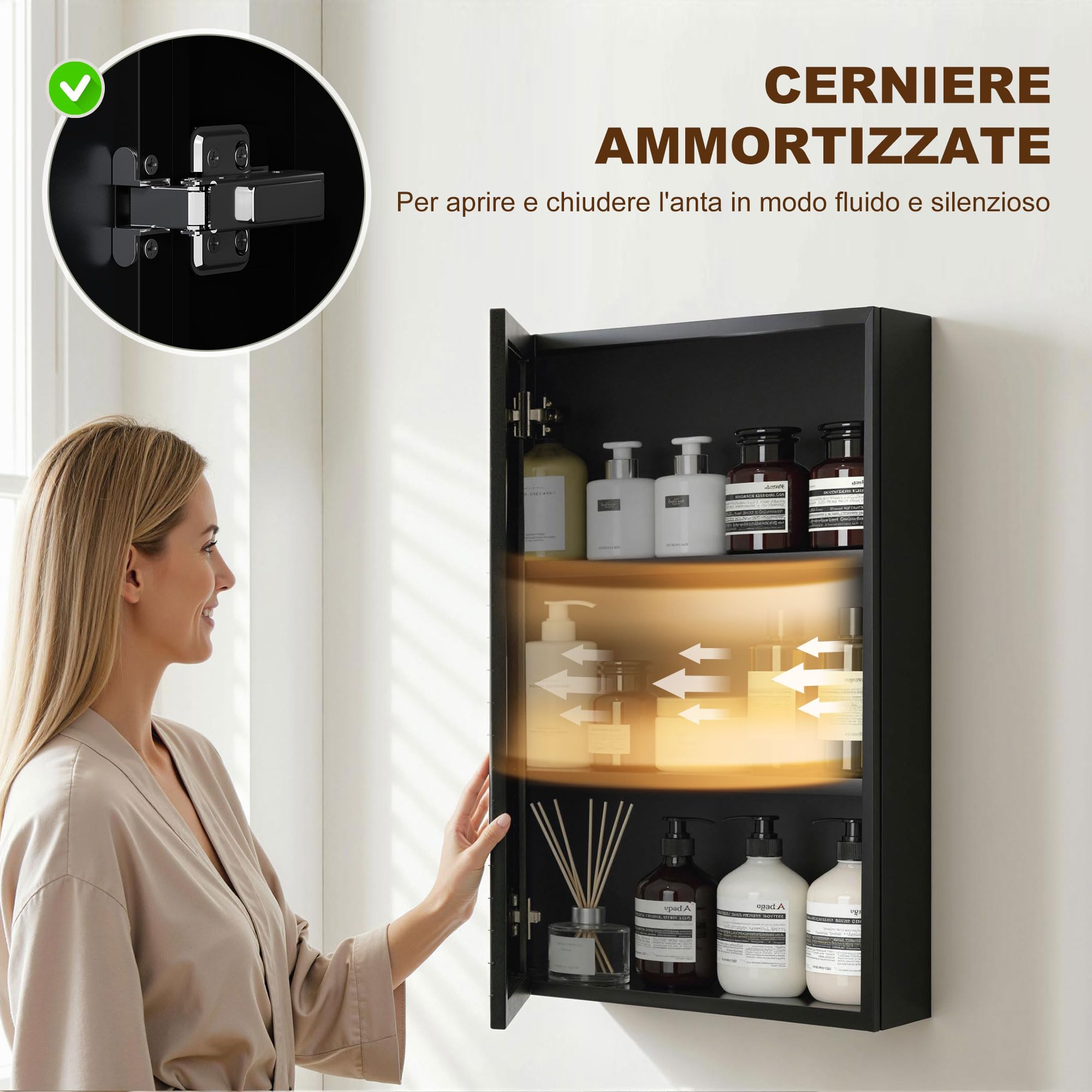 kleankin Specchiera Bagno in Acciaio con Armadietto a 3 Ripiani, Pensile Bagno con Chiusura Ammortizzata, 40x12x60cm, Nero