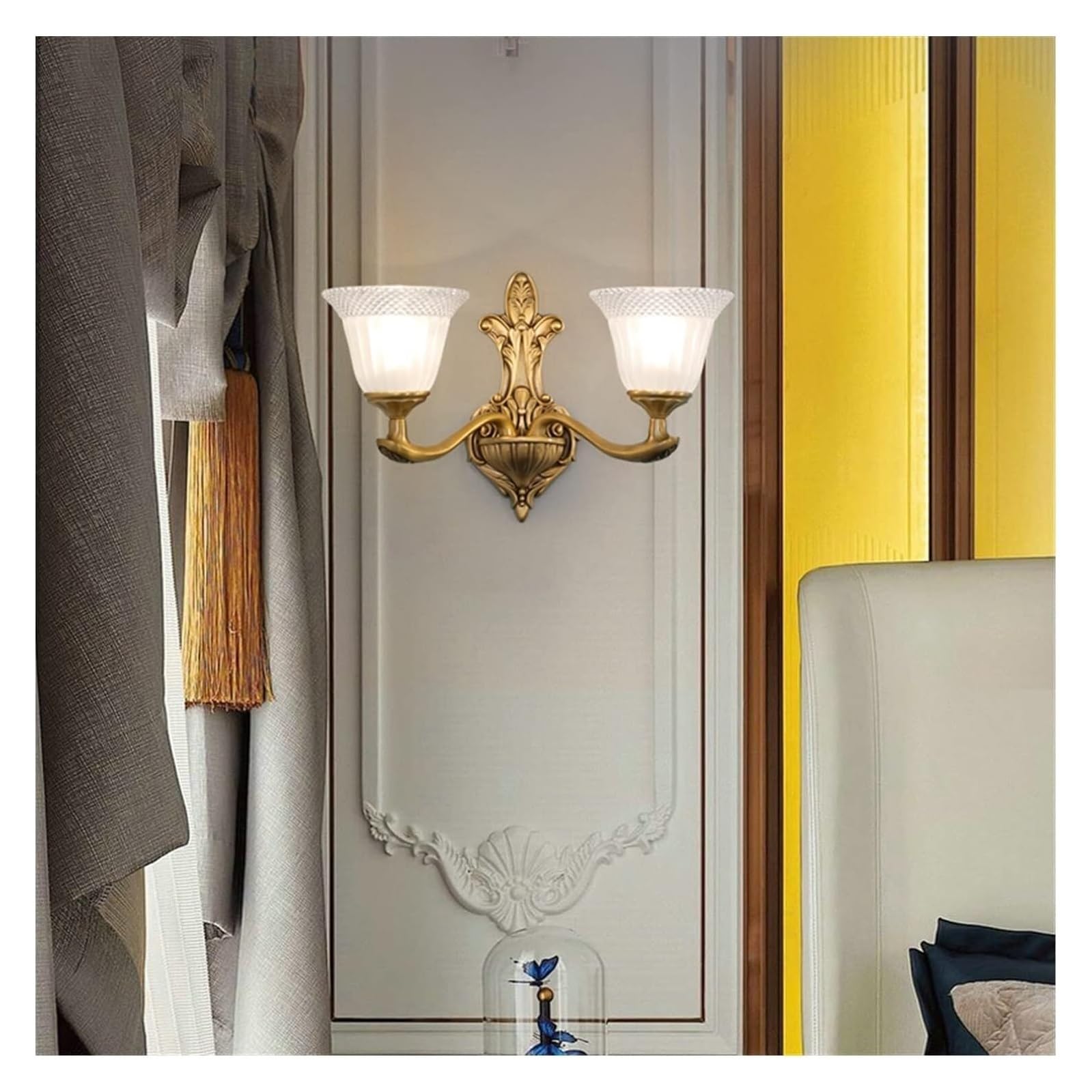 ASerZenith Wall Sconces, Retro Copper Wall Lamp Glass Wall Light Compatible With Living Study Room Villa Aisle Bedroom Bedside Led Indoor Wall Lamps,Chandelier Light,Dia45Cm-2 Lights-Cool White
