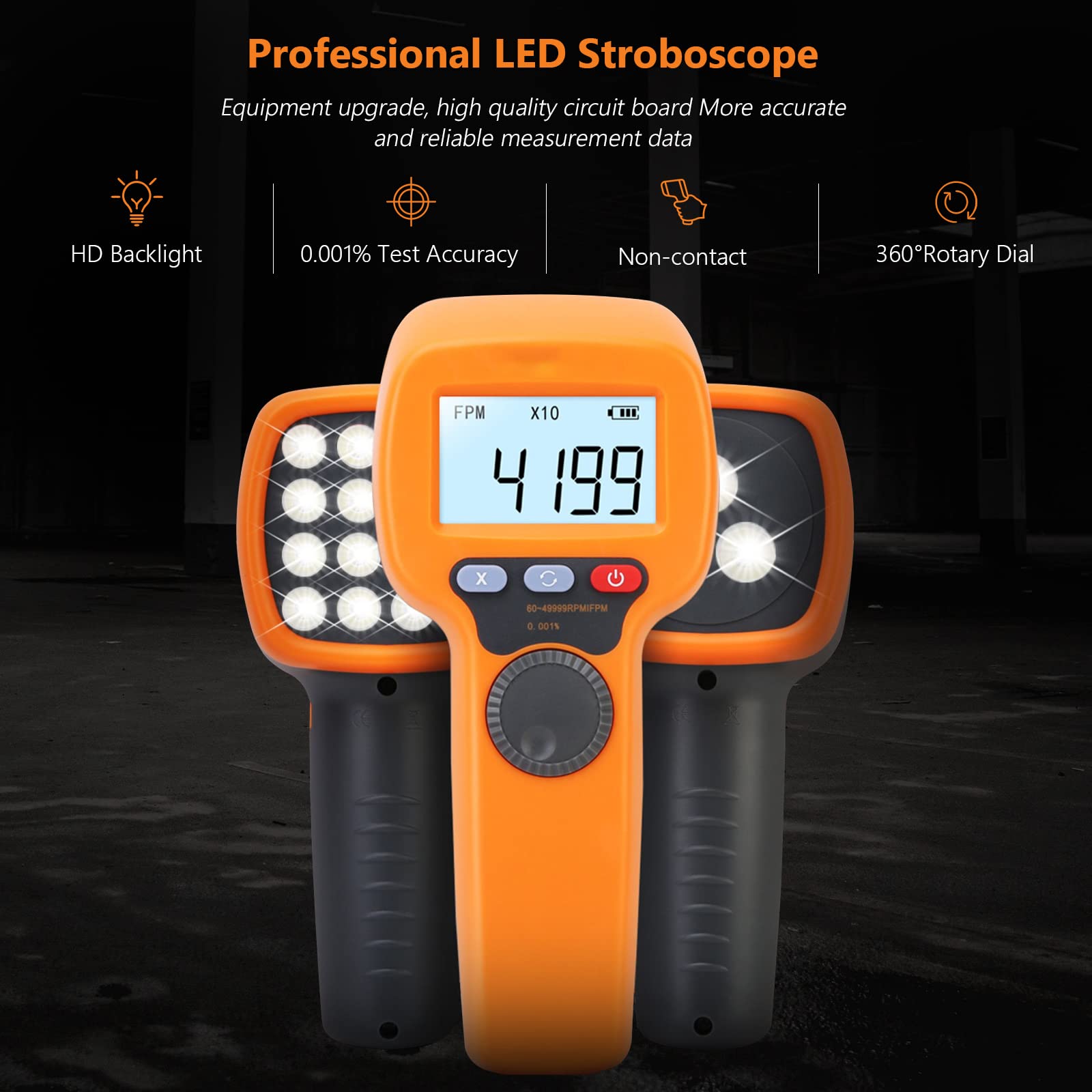 Stroboscope numérique à LED Techomètre stroboscopique sans contact mesurant 60 à 49 999 tr/min Compteur de vitesse portable Hz Testeur de vitesse Précision 0,001% Flash LED rechargeable