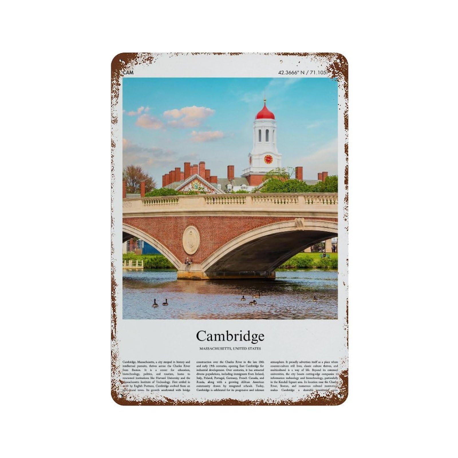 xiaoxiaoshen Cambridge Massachusetts, United States, USA City Scenery Wall Decor Art Metal Tin Poster Modern Home Decor Art Home Bar Shop Decorations Vintage Sign 30x20cm