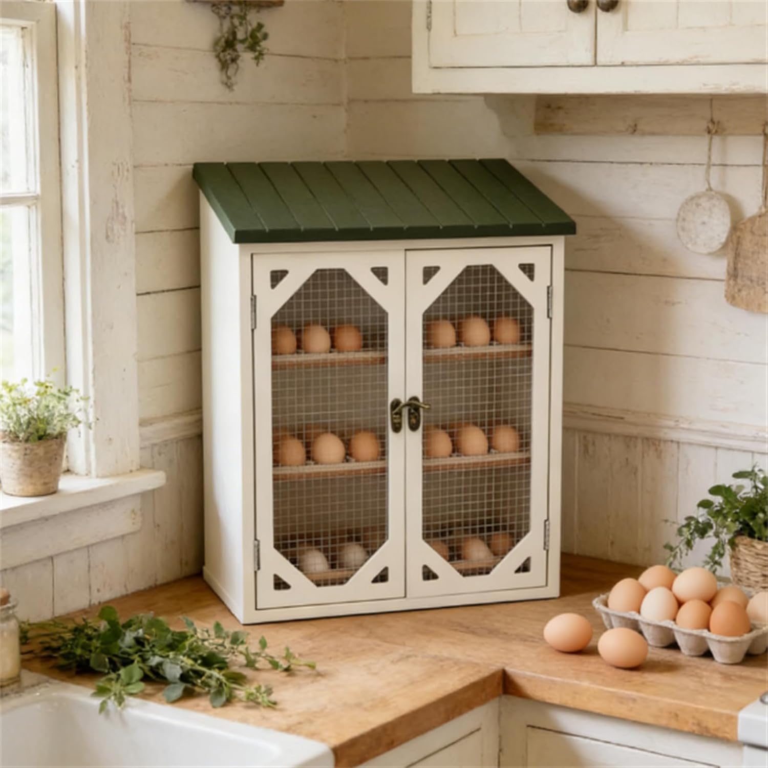 Farmhouse Egg Cabin, Egg Cabin with Double Doors, Fresh Egg Holder with Wire Mesh Window for Pantry Cabin Coop Farm, Decorative Farmhouse Organizer for Eggs Kitchen Decor (2set)