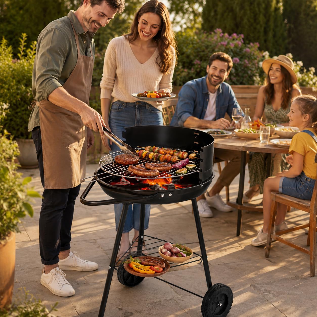 BBQ Barbecue a Carbone 58x40x40cm | Griglia Rotonda Giardino Balcone Terrazza | Acciaio Smaltato Nero, Griglia Cromata Ø38cm, Ruote, Ripiano | Certificato TUV GS | Carbonella Weber Compatibile