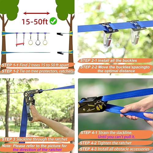 Miniatura 4 de Carrera de obstáculos Ninja Warrior para niños, kit de línea floja de 2 x 56 pies con 8 accesorios ninja, barra de mono, escalera de cuerda, anillo