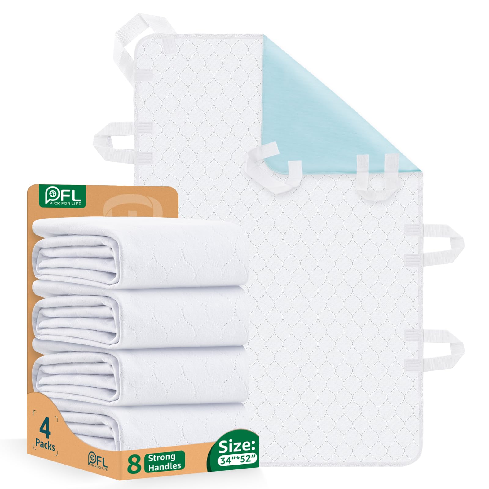 Incontinence Bed Pads Whasbable: Transfer Bed Pads Waterproof with 8 Handles, 4 Pcs 34"x52" Reusable Bed Underpads Absorbent, Positioning Bed Pads for