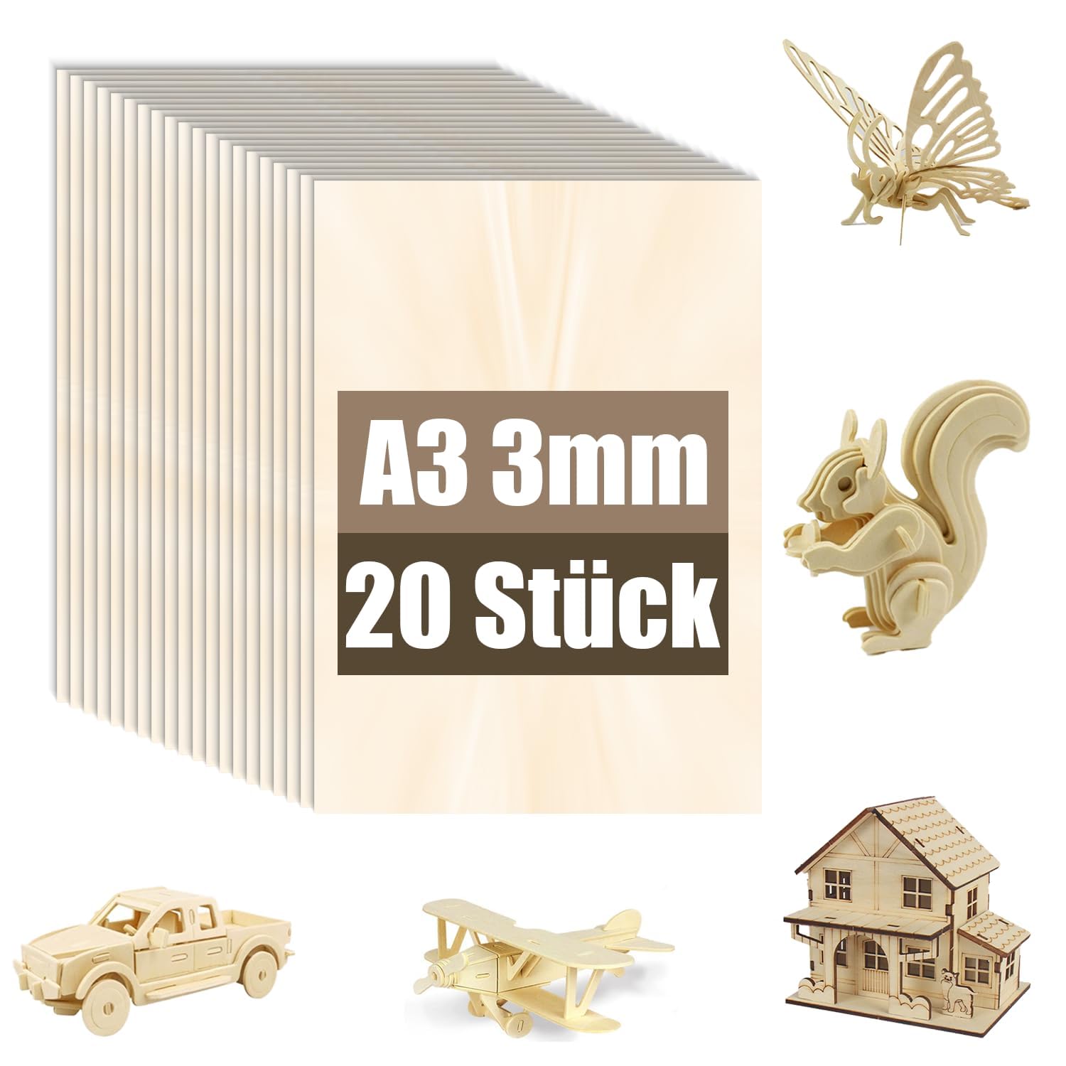 20 Stück A3 Sperrholzplatte 3mm | Linde Sperrholz für Modellbau, Laserschnitt, Gravur, Holzplatten zum Basteln, Laser Holz für DIY (20, A3(420 * 297 * 3mm))