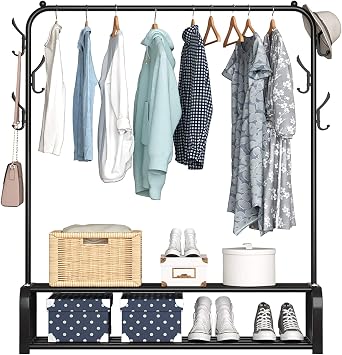 YAYI Garment Rack Clothes Rack Freestanding Hanger Bedroom Clothing Rack With 2-Tier Lower Storage Shelf And Side Hooks,Black
