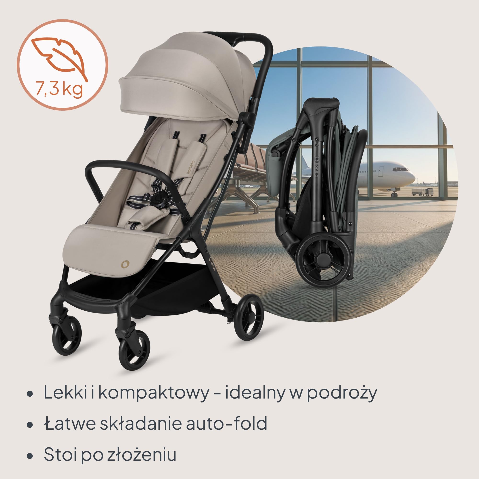 Lionelo Agia wózek podróżny do 22 kg, lekki wózek dziecięcy od 6 miesięcy, mały, składany, z funkcją automatycznego składania jedną ręką, funkcja leżenia, duża powierzchnia do siedzenia, zawieszenie