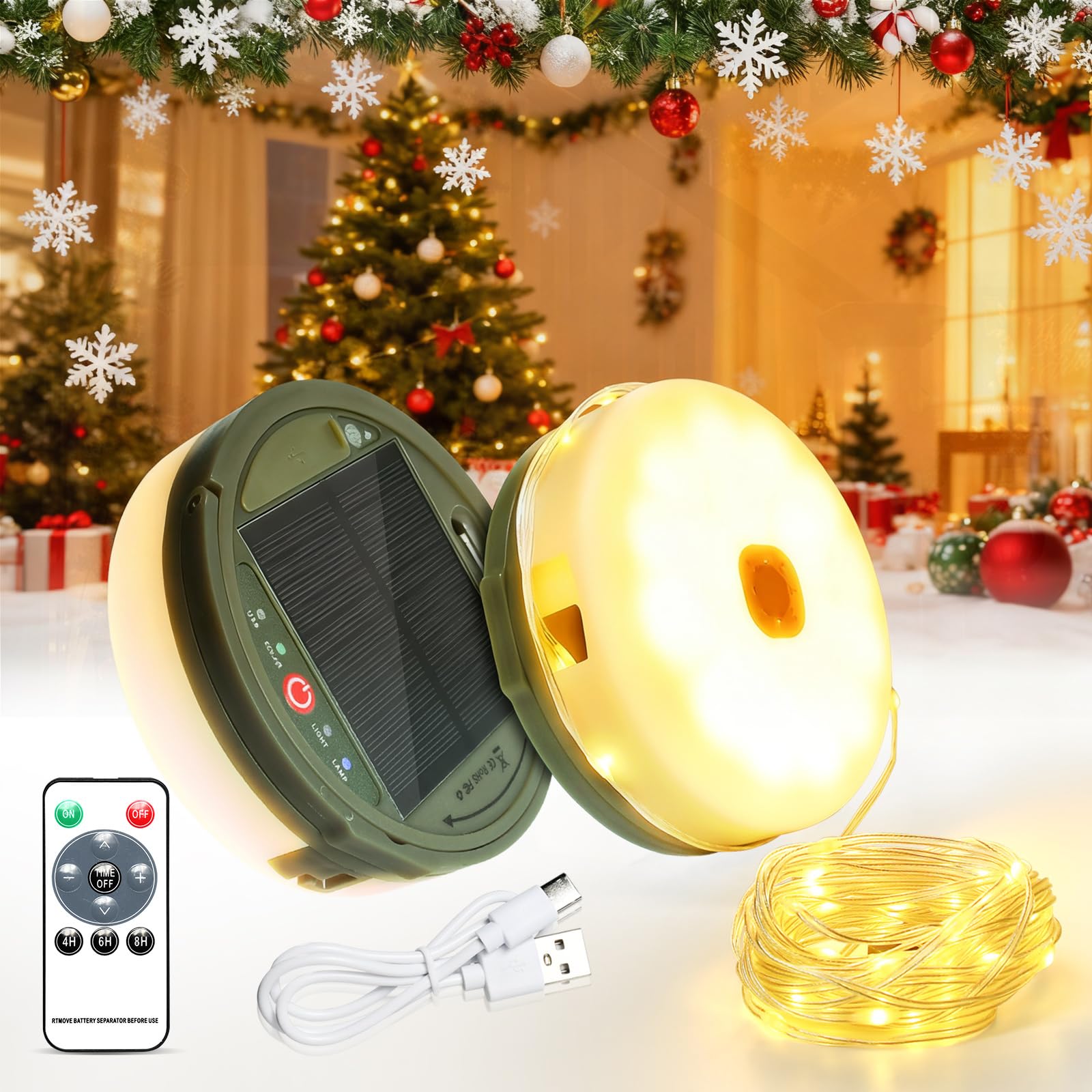 Stringa Di Luci Solari Da Campeggio 10m Con 8 Modalità, Batteria 3600mAh, Telecomando, Impermeabile IP44 - 5