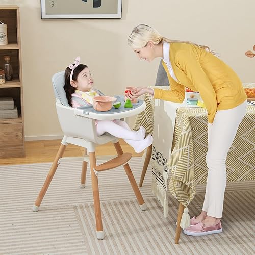Miniatura 2 de HONEY JOY Silla alta para bebé, silla alta convertible 6 en 1 de madera para bebés y niños pequeños, patas ajustables, bandeja de alimentos