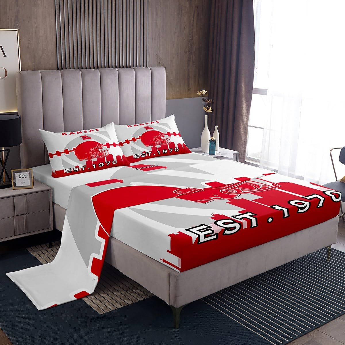 Erosebridal Sports Bed Sheets Set Full,American Football Players Sheet Sets for Kids Boys Girls,Football City Sheets,Football Lovers Flat Fitted Sheet with 2 Pillowcases(Kansas)