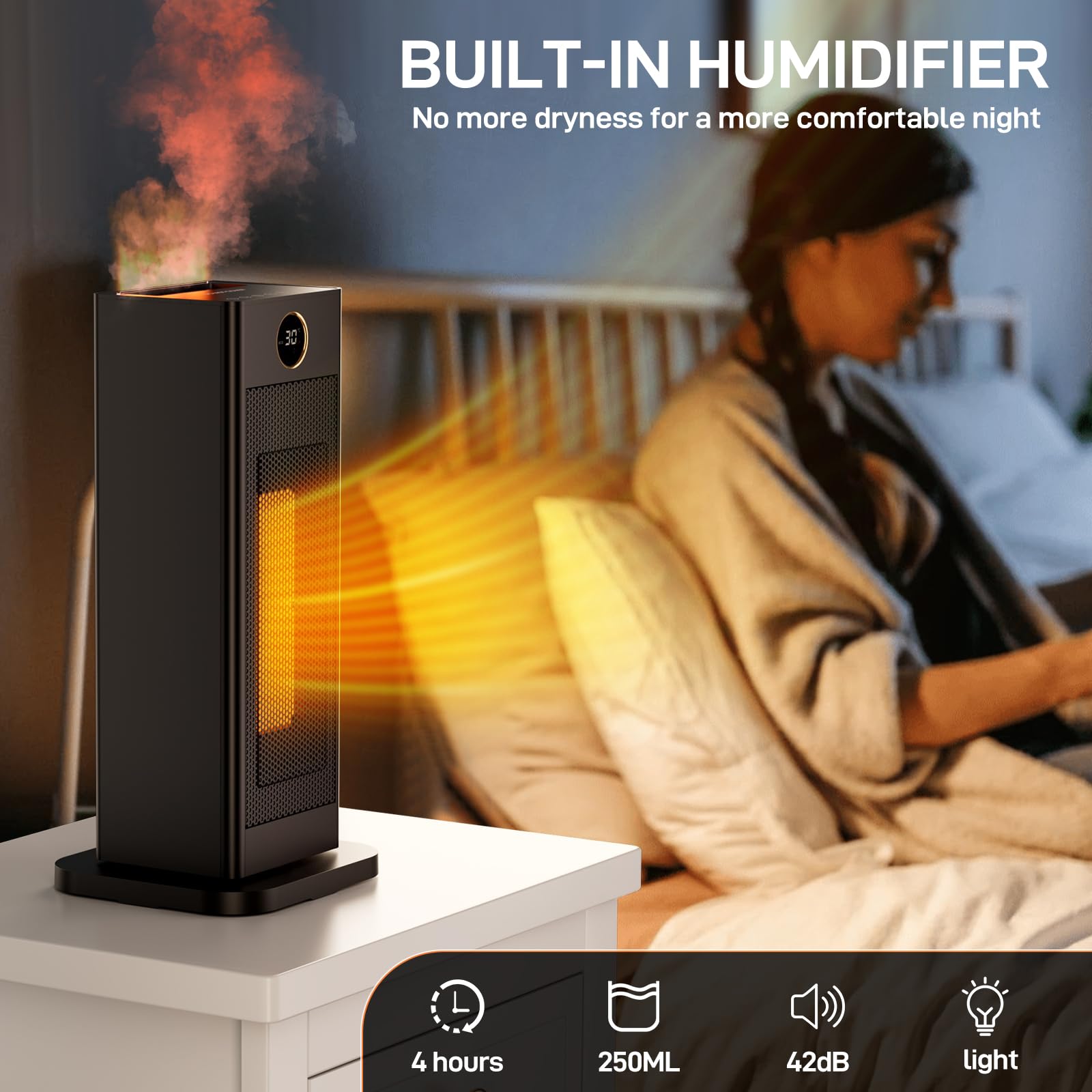 LIFERUN termowentylator, energooszczędny, mały, grzałka elektryczna z termostatem i nawilżaczem, 90° oscylacja, grzałka elektryczna PTC, ceramiczna, cicha, tryb ECO, do pokoi, sypialni