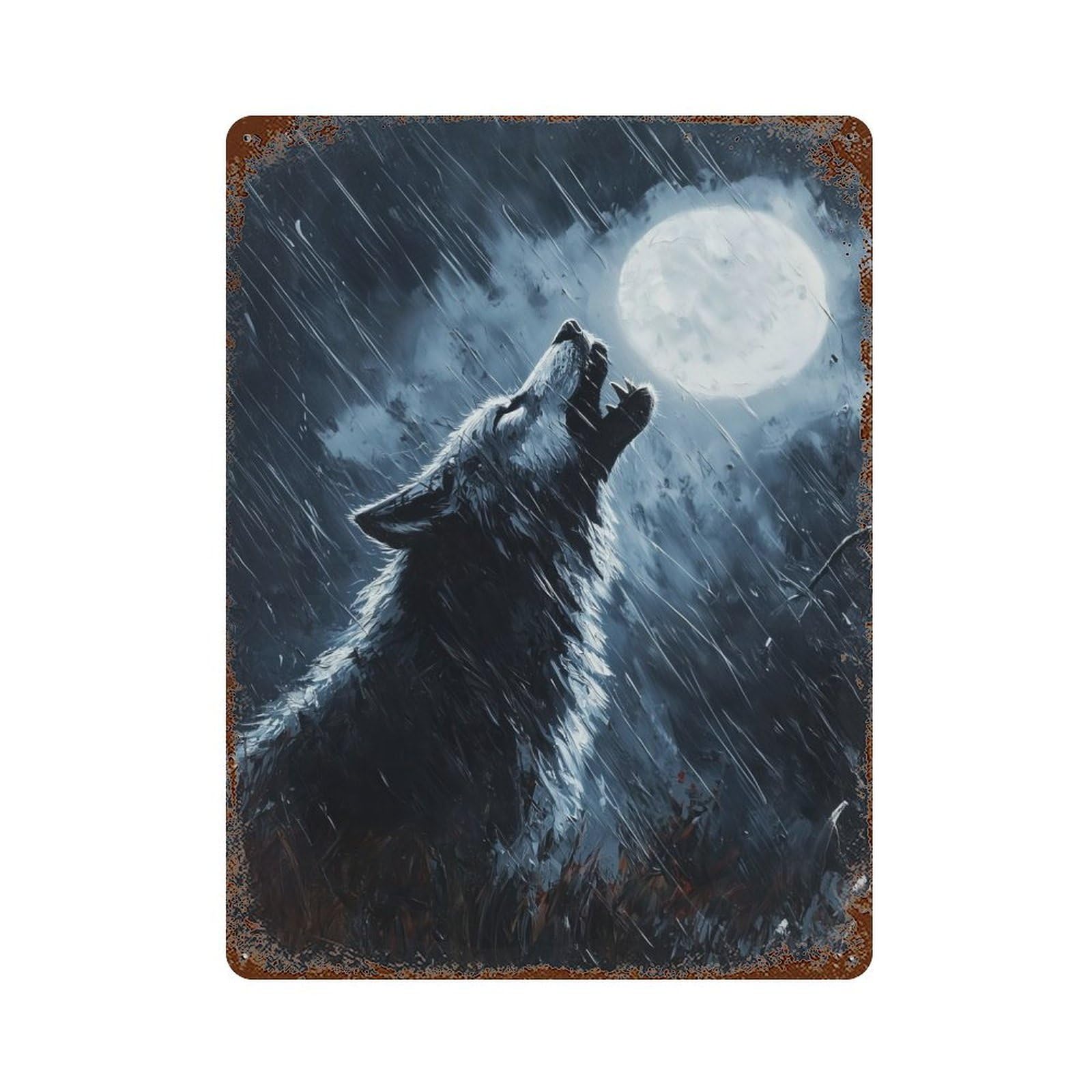 Vintage Metal Tin Sign with Werewolf Howling in Rain Design 15.7"x11.8", for Living Room, Hallway And Home Decor, Retro Wall Decor