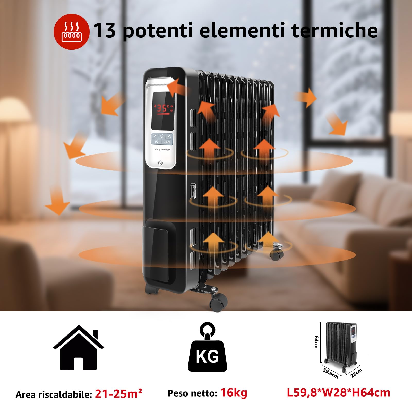 Aigostar Oil Monster 33JHH -Radiatore ad olio da 2500W. Radiatore elettrico 13 elementi con schermo a LED, Telecomando a distanza. Design esclusivo.