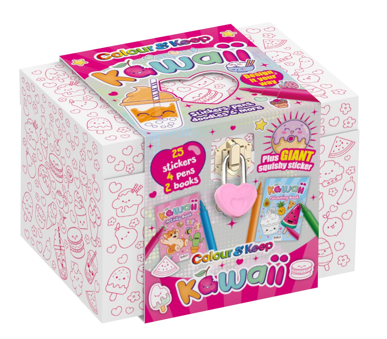 Bookoli, Colour and Keep Kawaii Activity Box, Colouring Kit with 2 Activity Books, 4 Mini Felt-Tip Pens, 25 Stickers