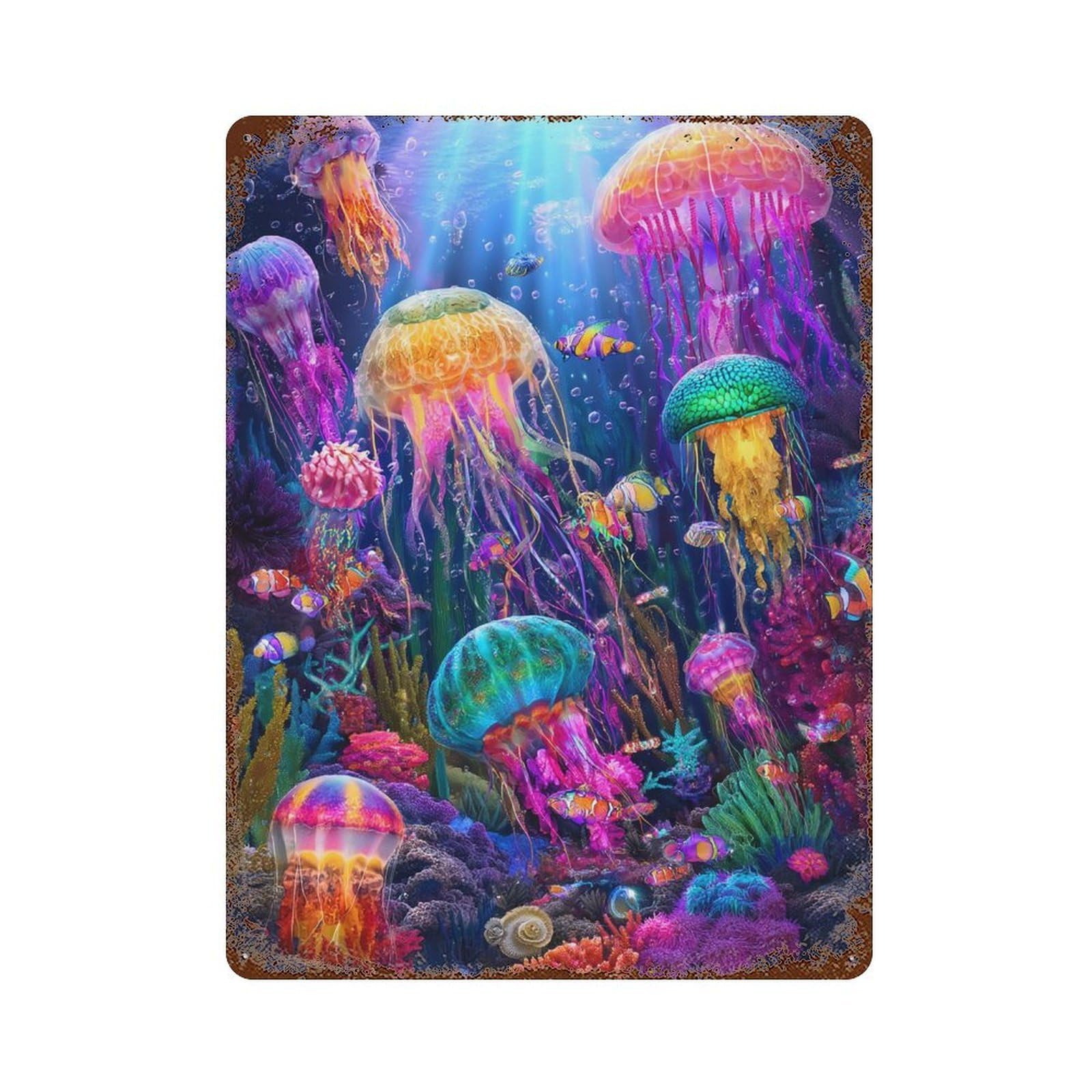 Distressed Metal Wall Sign Colorful Jellyfish Underwater Scene 15.7"x11.8", Rustic Home Decor for Farmhouse, Kitchen And Entryway Decor