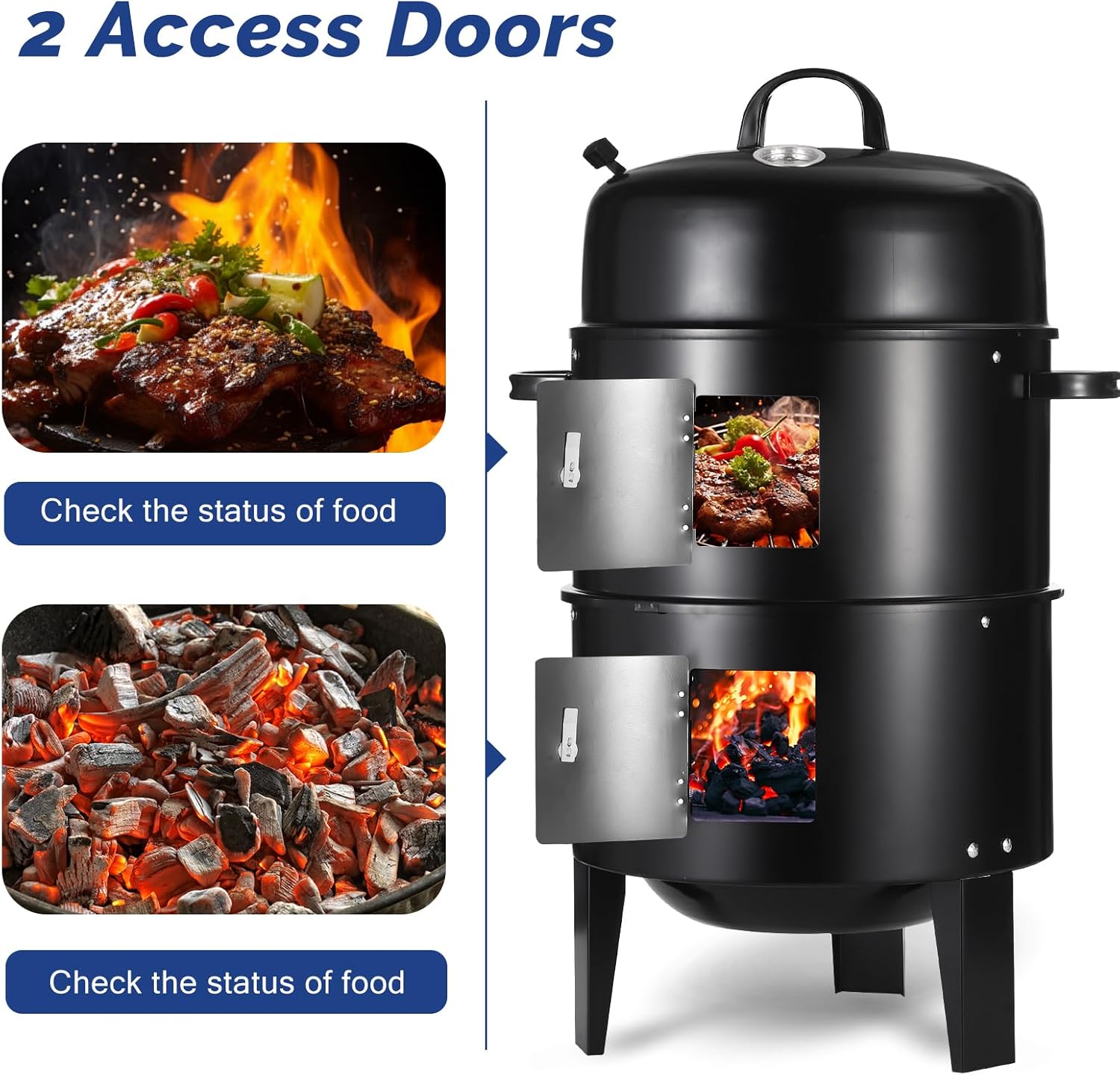 16.5 Inch Charcoal Smoker Grill with Thermometers and Air Vent, Multi-Layer Meat 3-in-1 Portable Vertical Smoker with 2 Access Doors Grill Smoker Black (16.5Inch)