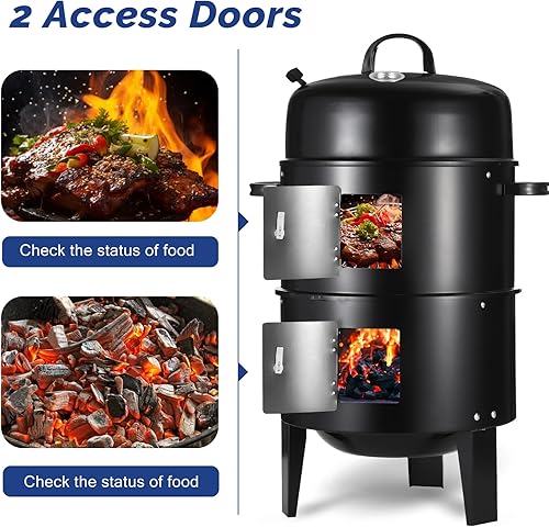 Miniatura 2 de Parrilla ahumadora de carbón de 16.5 pulgadas con termómetros y ventilación de aire, ahumador vertical portátil 3 en 1 de carne multicapa con 2