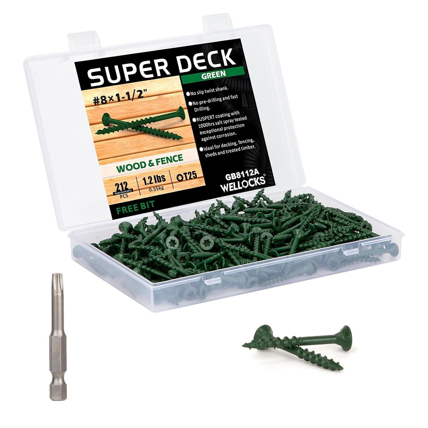 WELLOCKS Deck Screws 1-1/2", Wood Screws #8×1-1/2", Green 204 PCS, Superior Rust Resistant, Epoxy Coated, Above 1000 Hour Salt Spray Coating T25 Torx