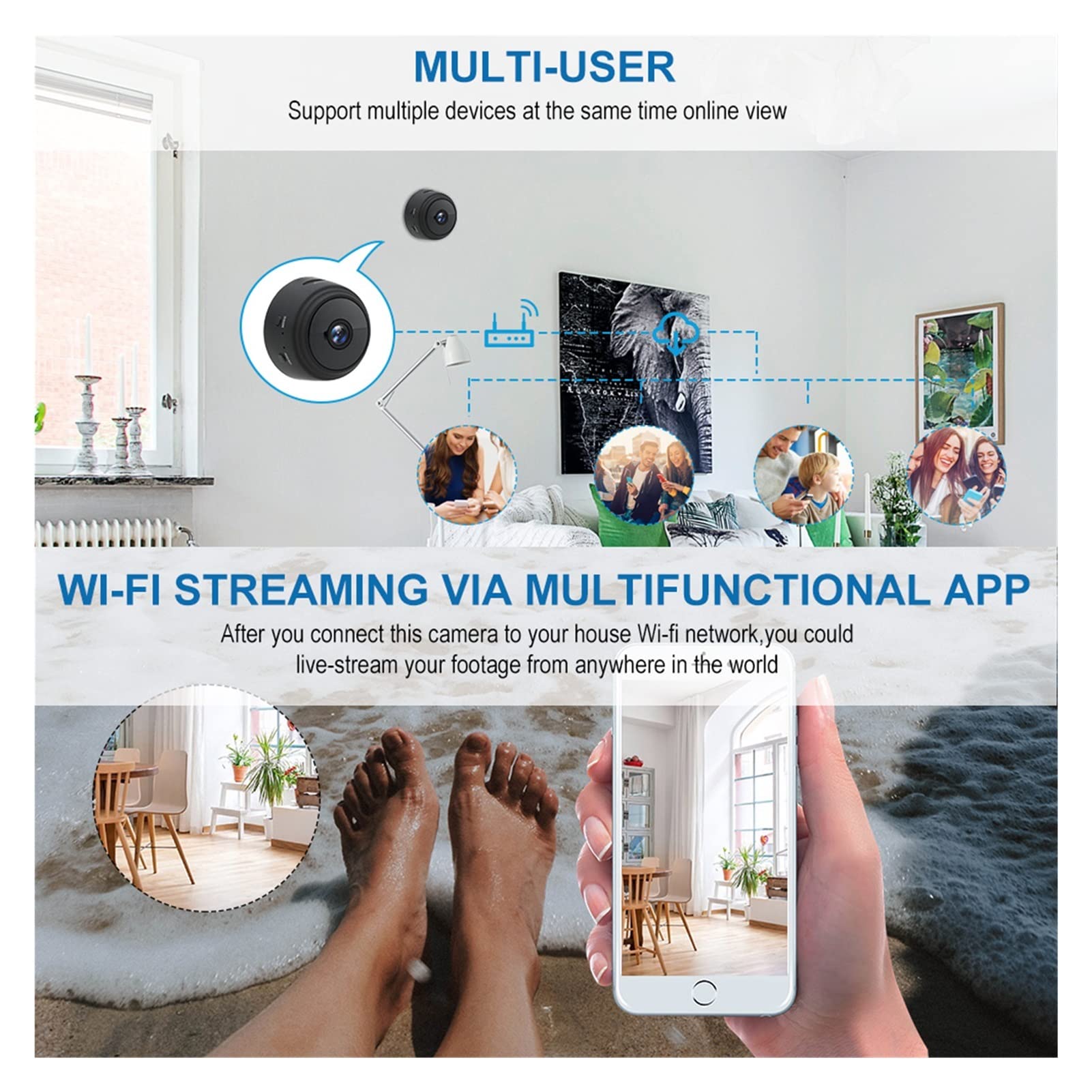 1080p Mini caméra WiFi, Maison P2p Appareil Photo WiFi, caméra de Surveillance sans Fil de la Nuit, Application téléphonique de Moniteur Distant Enregistreur vidéo(Blanc)