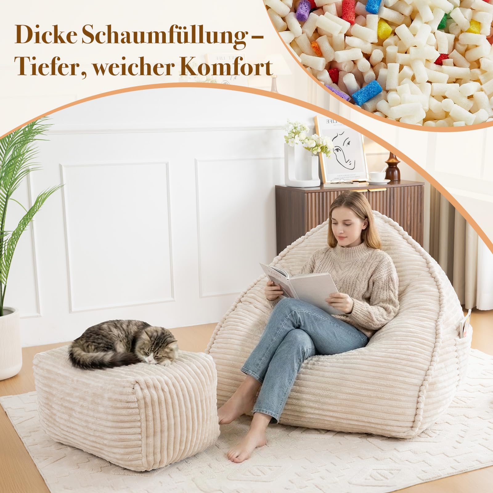 Vamcheer Sitzsack Erwachsene mit Hocker XXL Beige Bean Bag Chair Flauschiger Flanellstoff