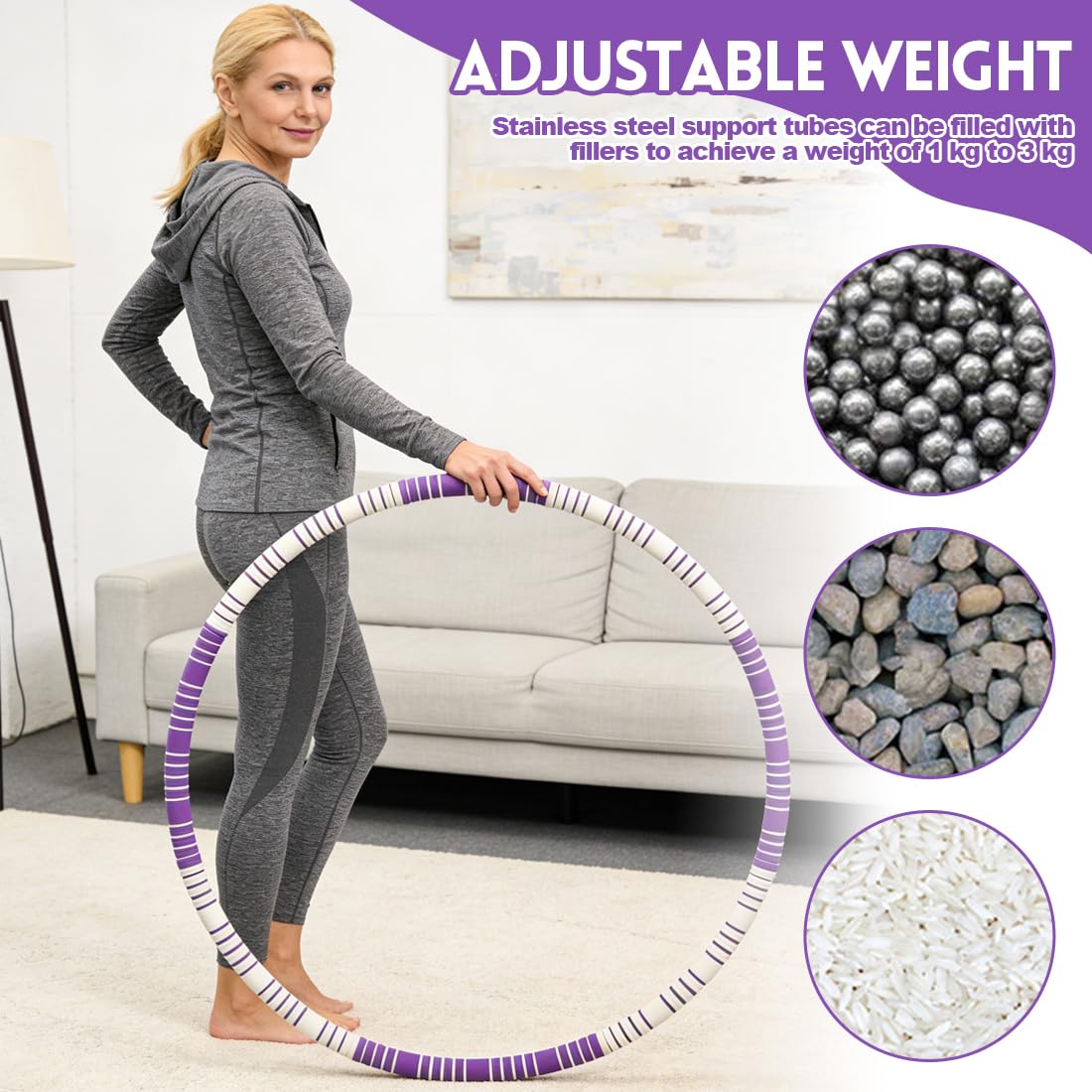 Hula hop dla dorosłych, 1,1 kg, obręcz do fitnessu, do ćwiczeń mięśni brzucha i spalania tłuszczu, do intensywnego treningu, 8 segmentów, zdejmowana reorganizacja
