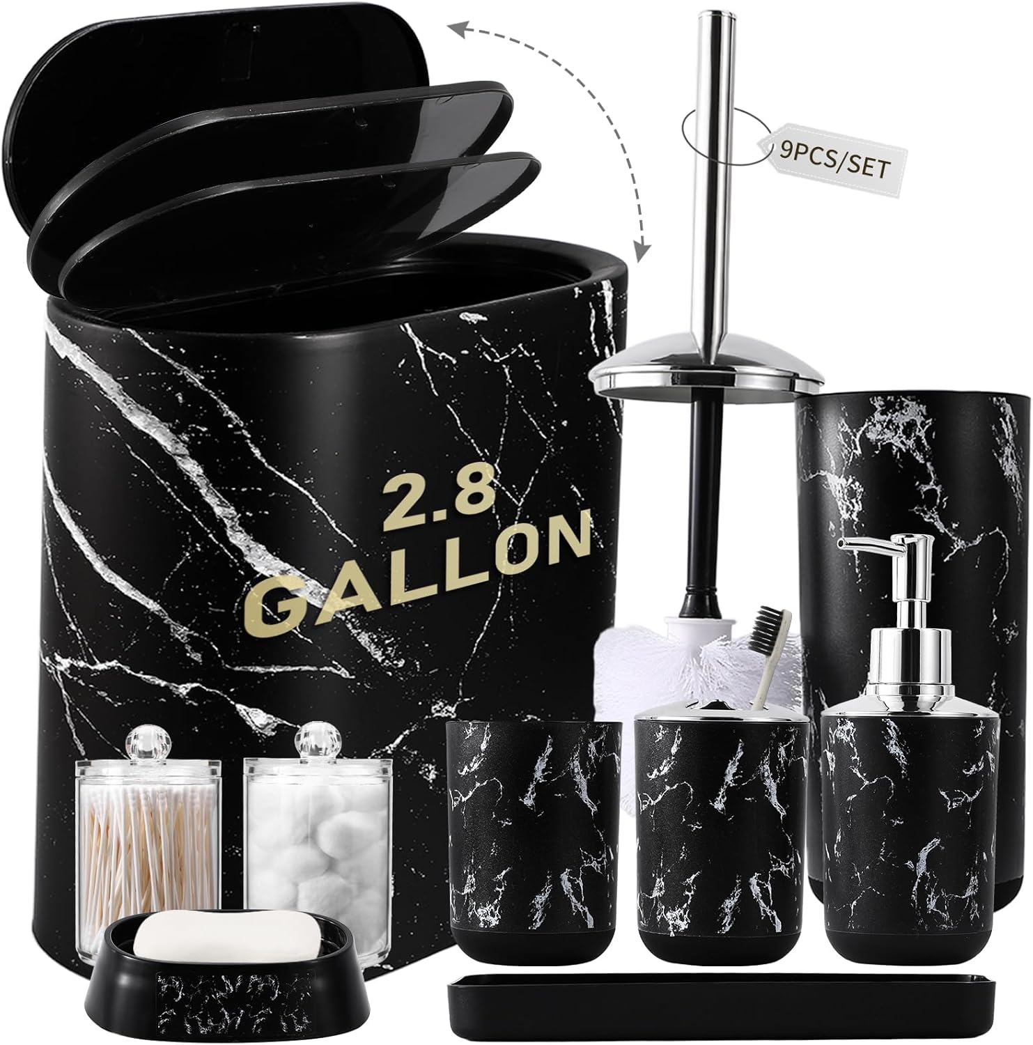 Bathroom Accessories Set, 9-Piece Marble Black Bathroom Set, Black Bathroom Accessories with Slim Trash Can, Soap Dispenser, Toilet Brush, Toothbrush Set, Qtip Holders