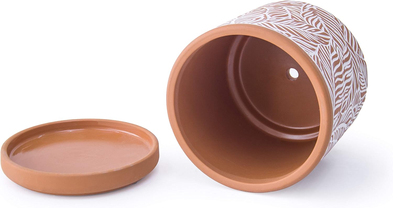 D'vine Dev Set of 2 Terracotta Pots, Leaf Pattern Planter Pot, 4 Inch and 6 Inch, Pot with Drainage Hole and Saucer, Terracotta/White, 31-958-T-1