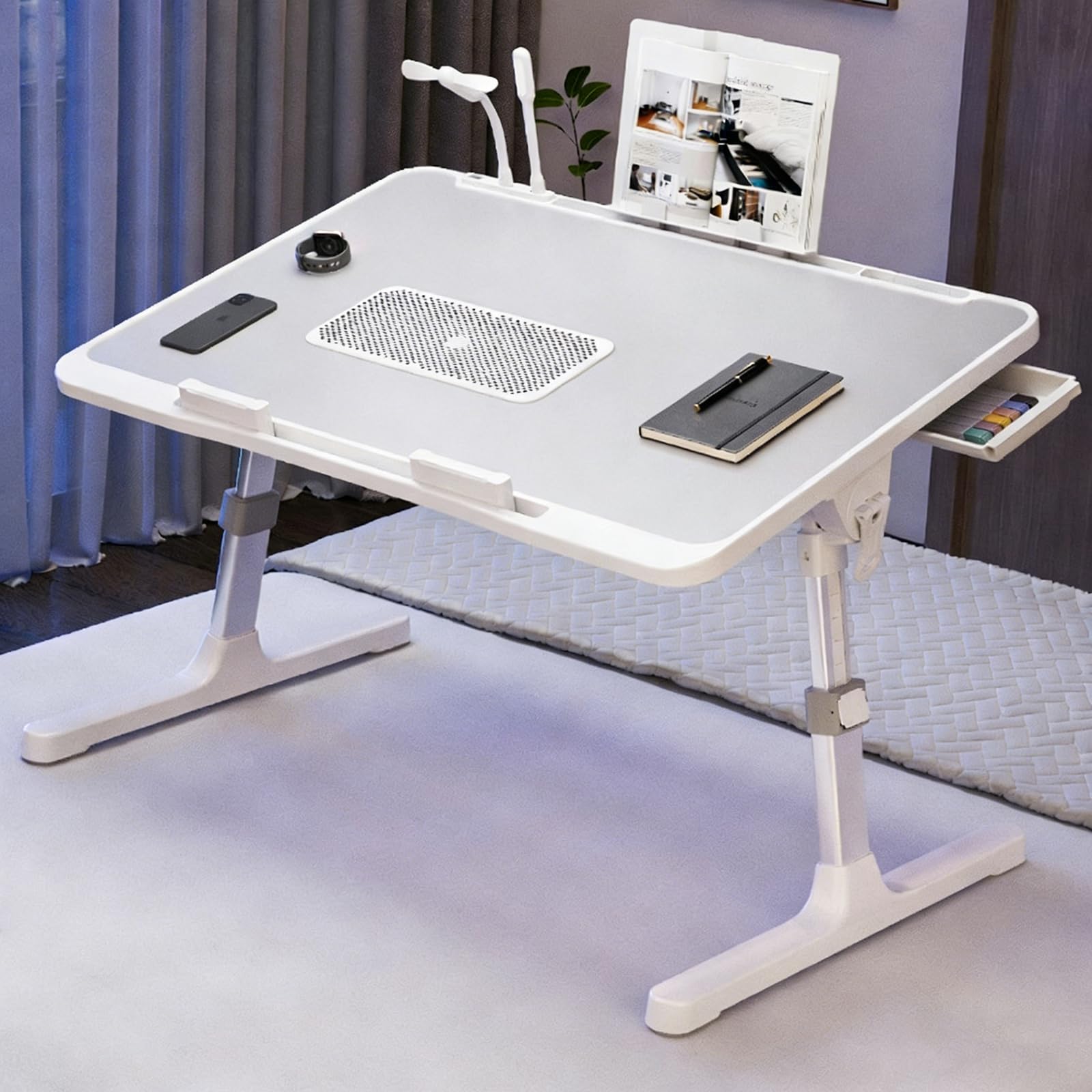 Table de lit pour ordinateur portable - Réglable en 5 hauteurs - Angle réglable - Pliable - Avec ventilateur pour ordinateur portable, port USB, tiroir, table pour ordinateur portable - Pour lit