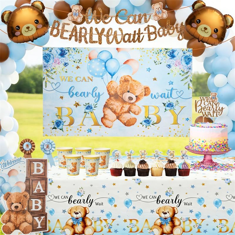 Baby Shower Decorations for Boy or Girl All-in-1 Bear Theme Party Decor Set We Can Bearly Wait Teddy Bear Baby Shower Supplies Blue and Brown Balloon Arch Kit Backdrop and Tableware & Boxes