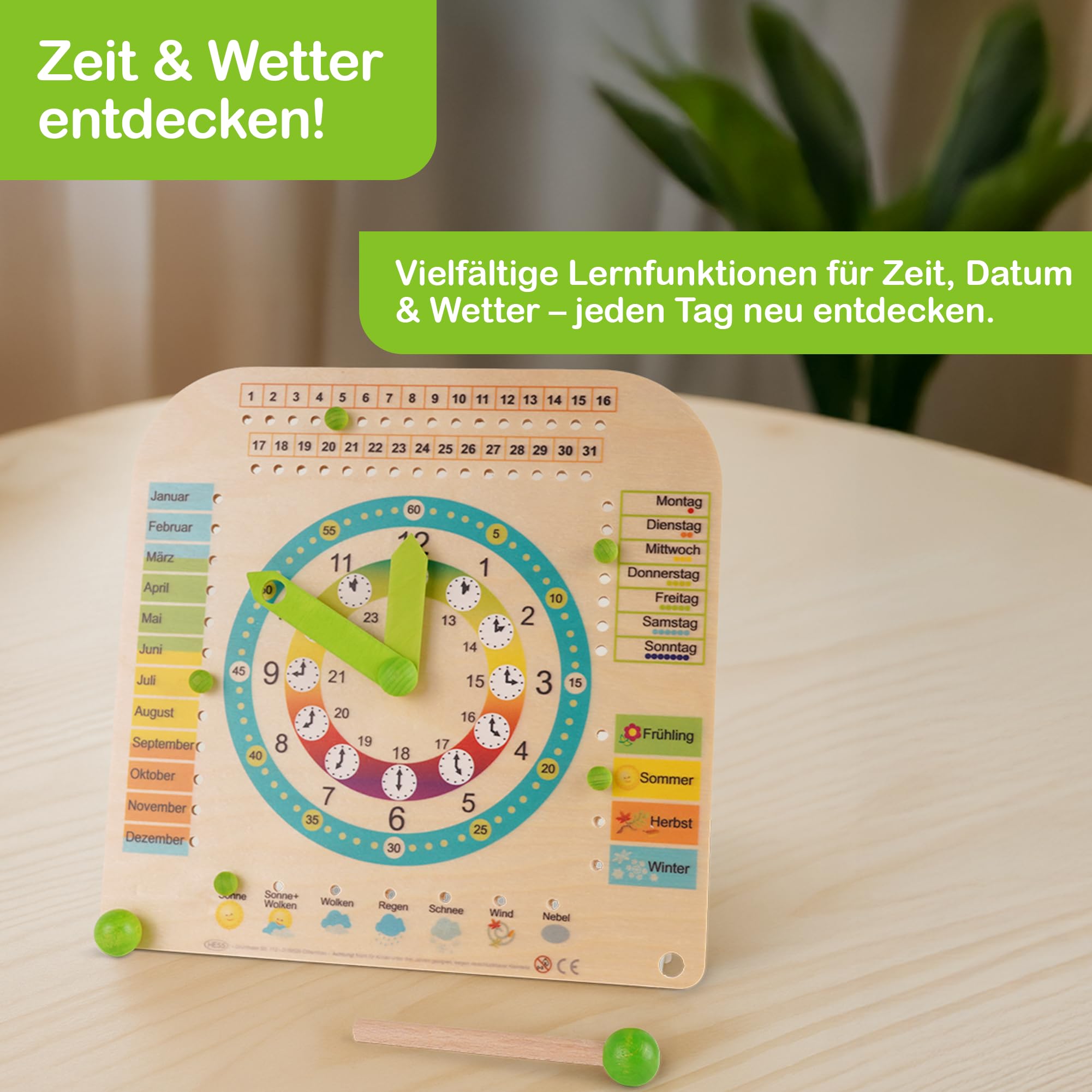HESS Since 1990 - Lernuhr für Kinder mit Kalender, aus Holz, 25cm x 25cm, aus dem Erzgebirge