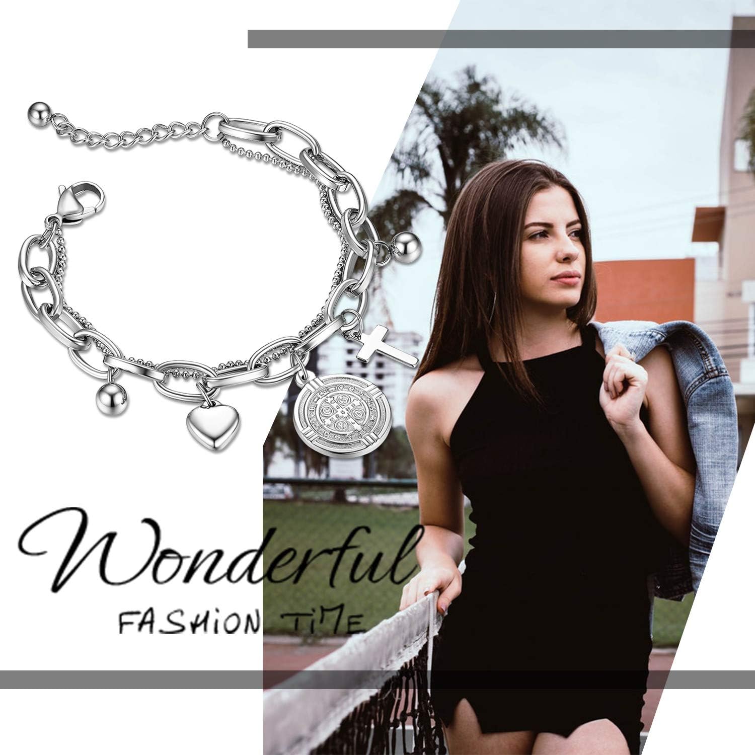 Saint Benedict Cross Bracelet for Women, Silver Stainless Steel Adjustable Layered Link Paperclip Bracelets Jewelry Gifts - Image 5