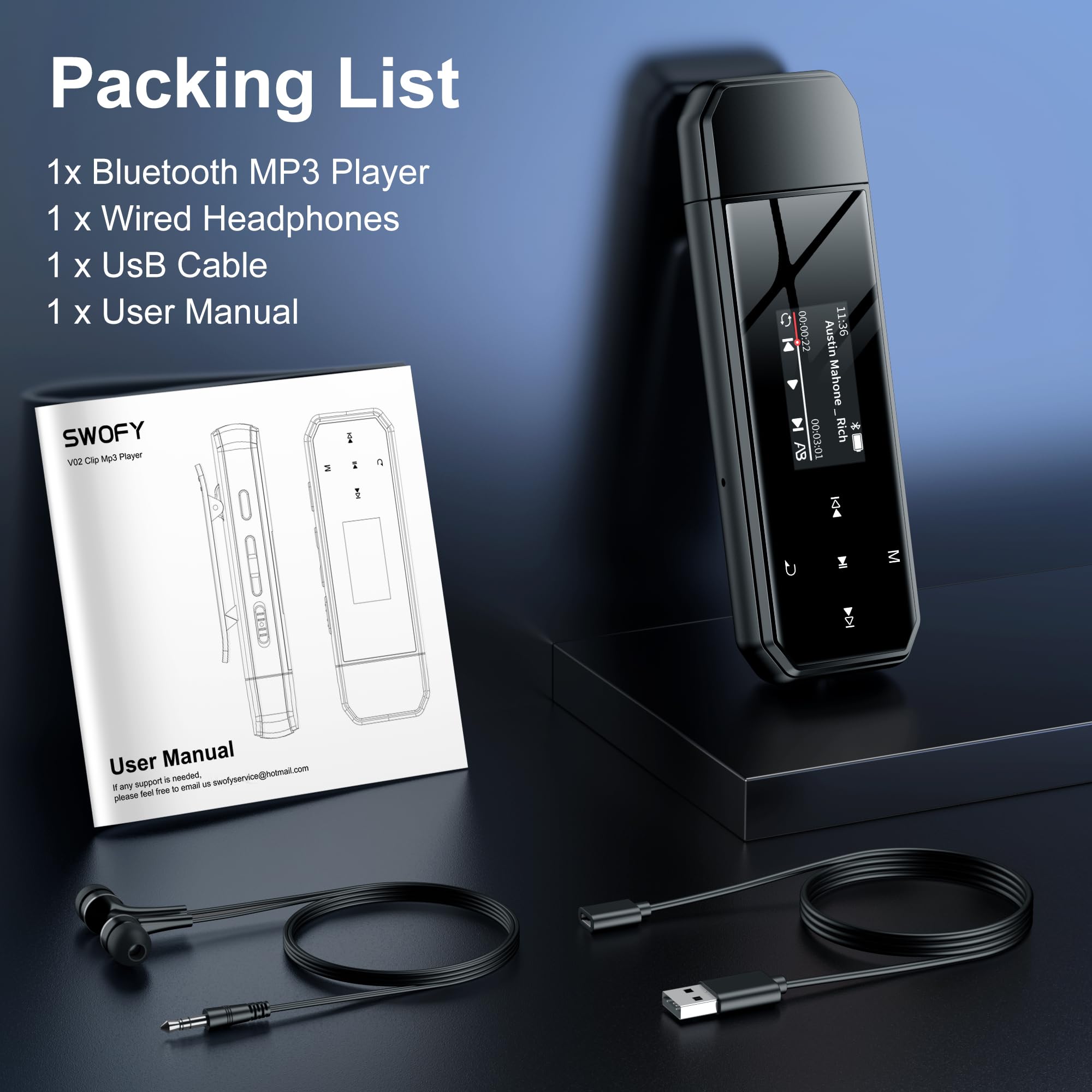 SWOFY Lettore MP3 USB portatile Bluetooth 5.3, 32 GB, clip per sport e corsa, radio FM, registrazione vocale, trasferimento di file dal cellulare e riproduzione audio digitale casuale (nero)
