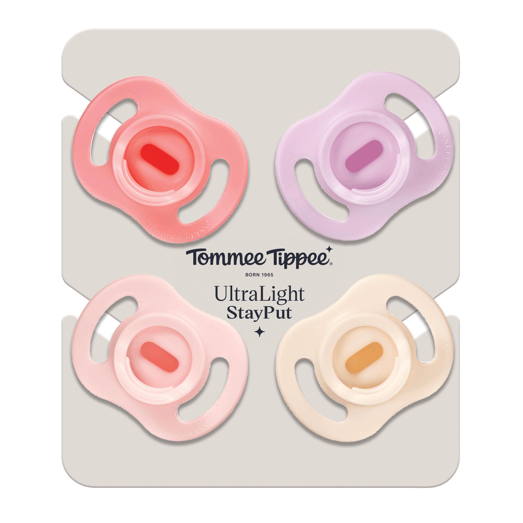 Tommee Tippee Ciuccio Ultra-light StayPut, 0-6 Mesi | Confezione da 4, Ortodontico Succhietto, Design Monoblocco in Silicone