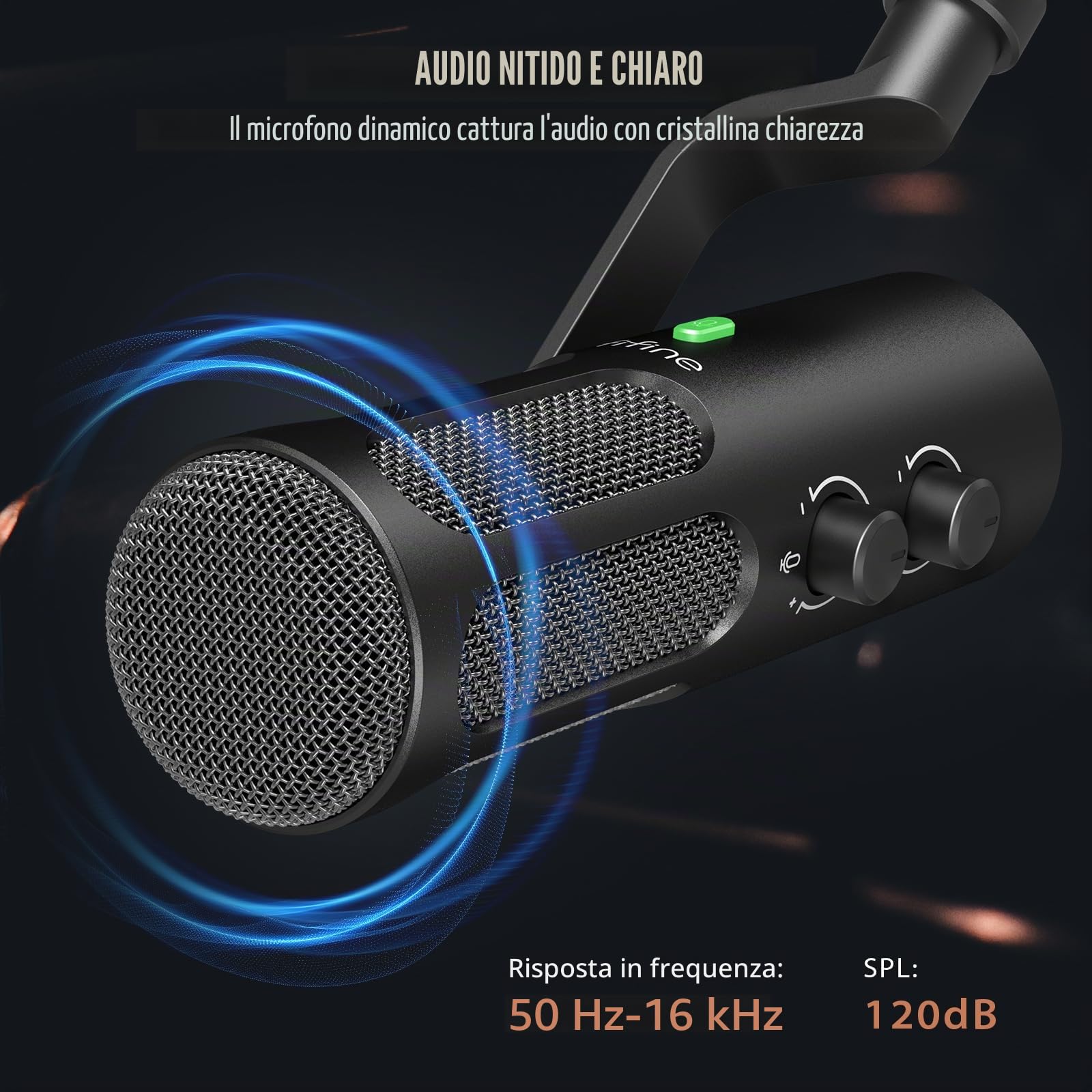FIFINE Microfono XLR dinamico per registrazione in studio e podcast, trasmissione vocale, microfono XLR/USB in metallo con pulsante mute e jack per cuffie per mixer e PC