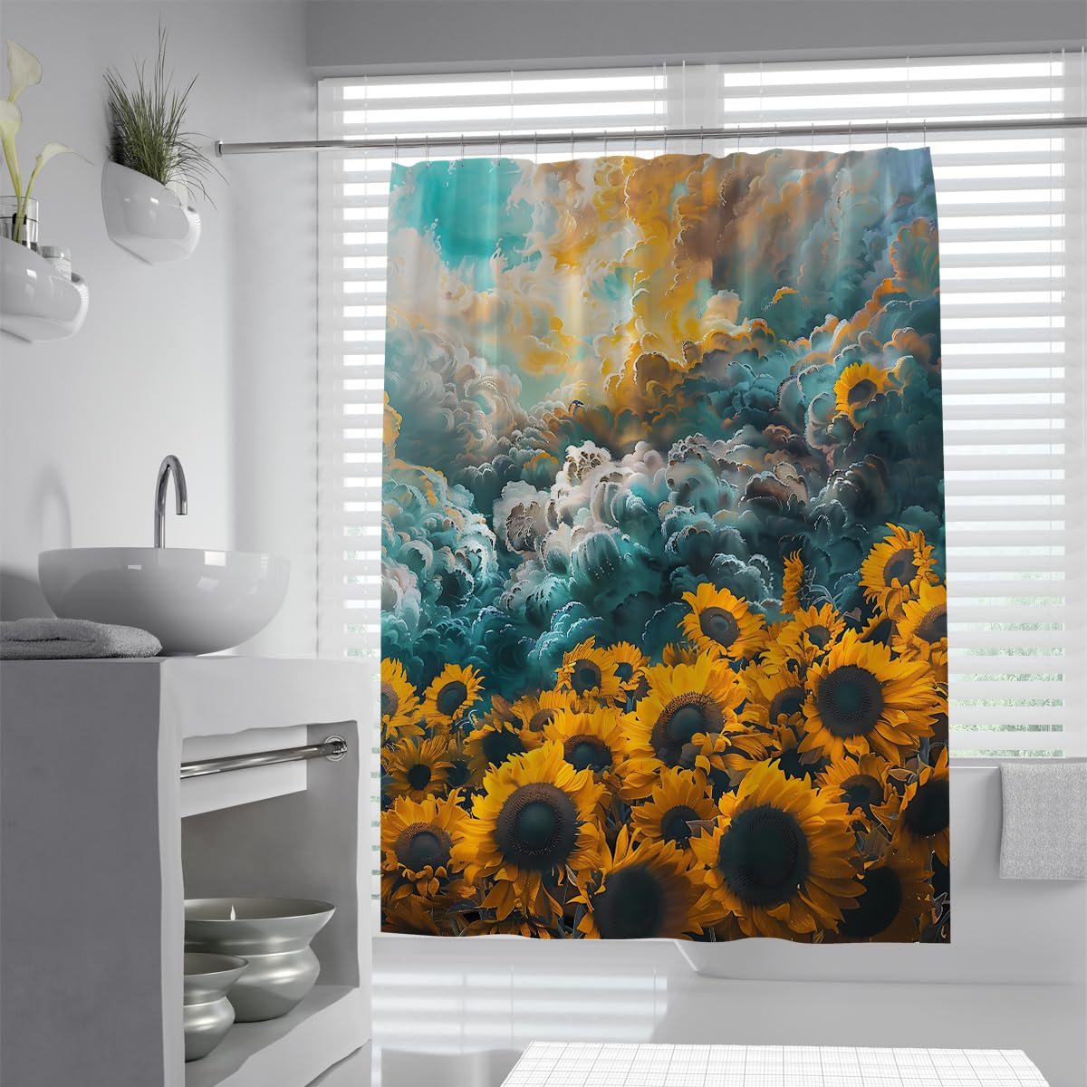 Rideau de Douche Tournesol avec Crochets, décoration Florale Aquarelle Bleu Ciel, Tissu botanique impressionniste Rideau de Baignoire, Tissu imperméable W180xL180 cm