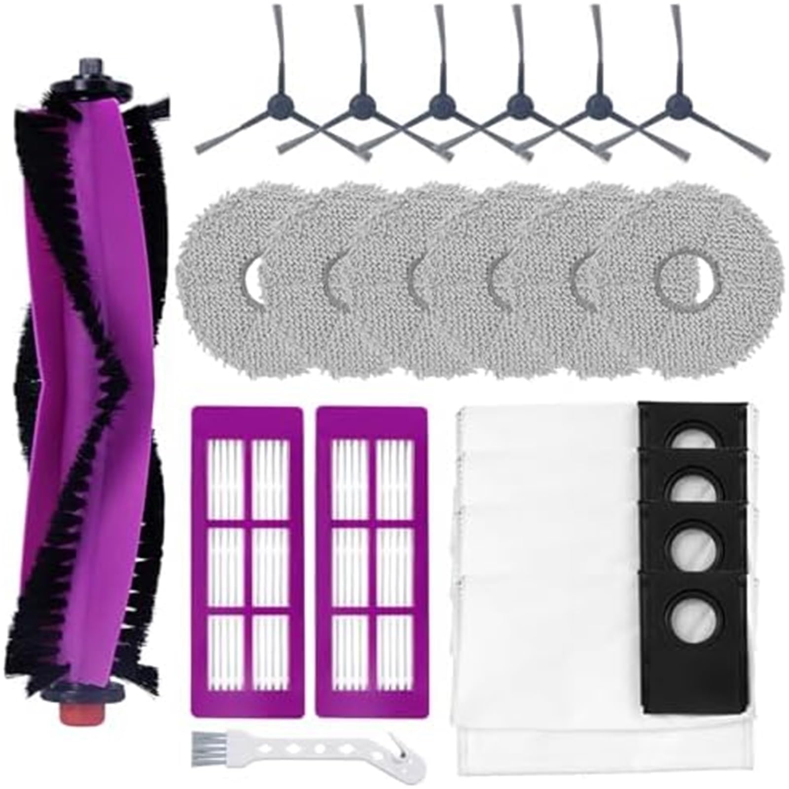 XUBOR Robot Vacuum Mopping Pad Assembly Accessories Kit, for Eureka J15 Pro Ultra Robot Vacuum Cleaner Spare Parts 1 Roller Brush 6 Side Brushes Mop Pads 4 Dust Bags 2