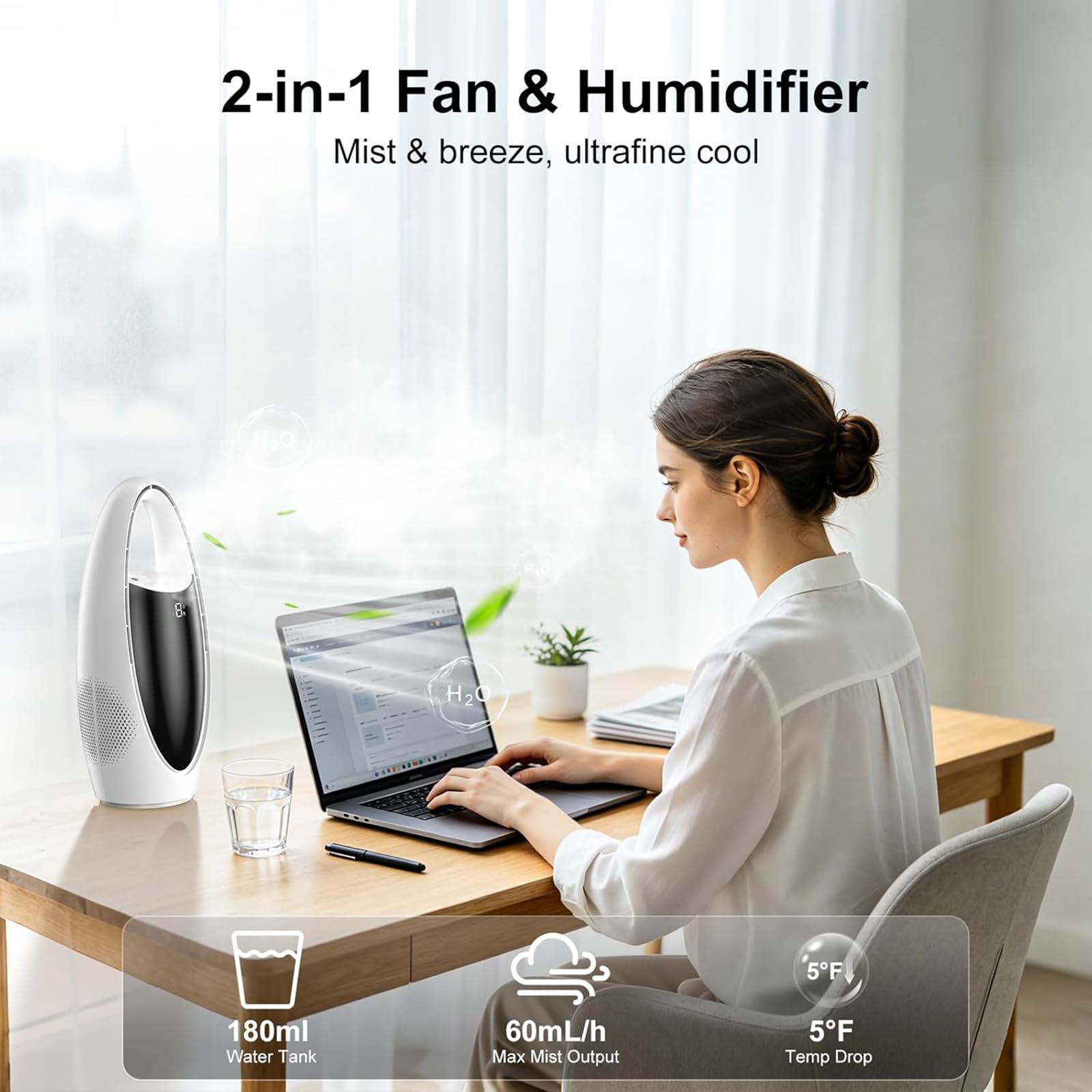 VOMI Ventilateur de table sans rotor avec brume, batterie 4000 mAh