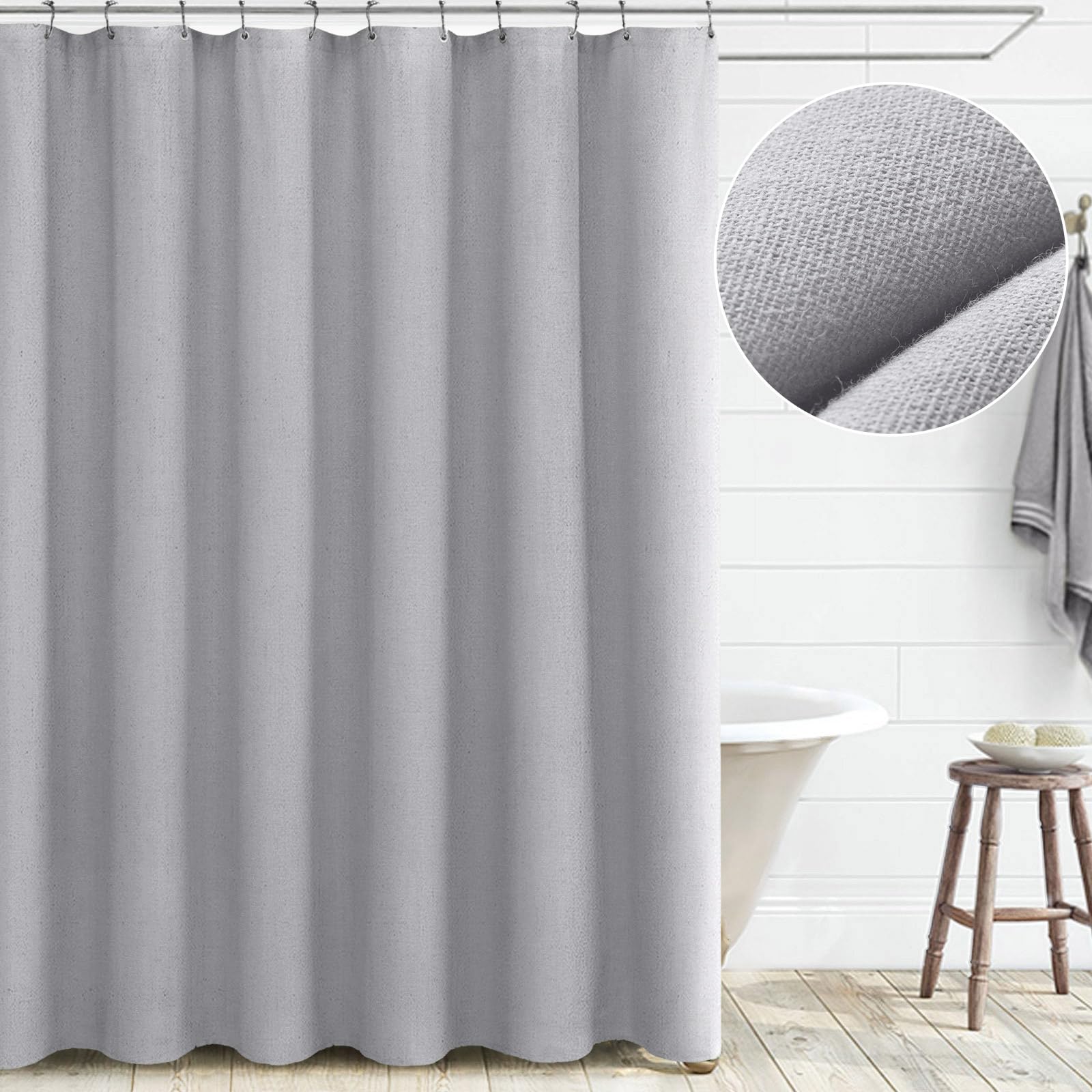 Awellife Tenda da doccia grigia in lino testurizzato Boho Farmhouse