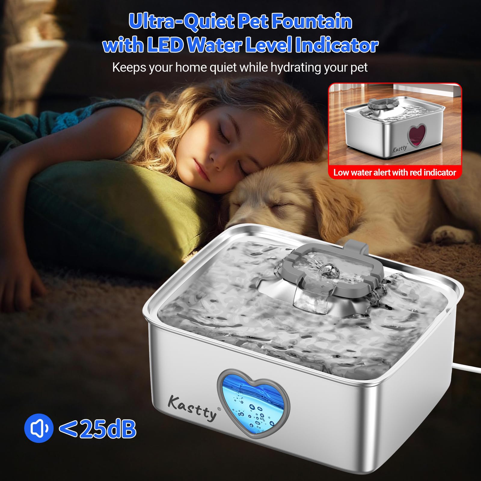 Kastty Fuente de agua para perros de 15L/4 galones, dispensador de cuenco de agua de acero inoxidable de filtración de 5 etapas, fuente de agua súper silenciosa para mascotas, con ventana de agua y