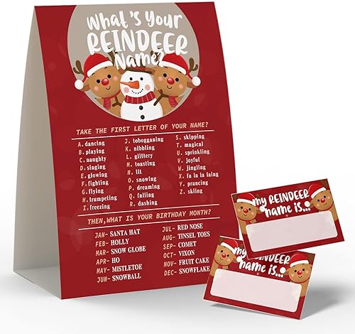 What Your Reindeer Name Game, juegos de fiesta de Navidad, 50 etiquetas de nombre y un letrero, juegos de fiesta de cumpleaños, juegos de baby