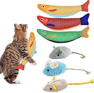 Cat Kicker Toy 6-Pack Organic Catnip Toys for Cats Squeak Mice Set with Rattle Crinkle Sound Soft Teething Chew Interactive Flopping Toys for Indoor Kittens Durable Fish-Shaped Kicker Relieve Boredom