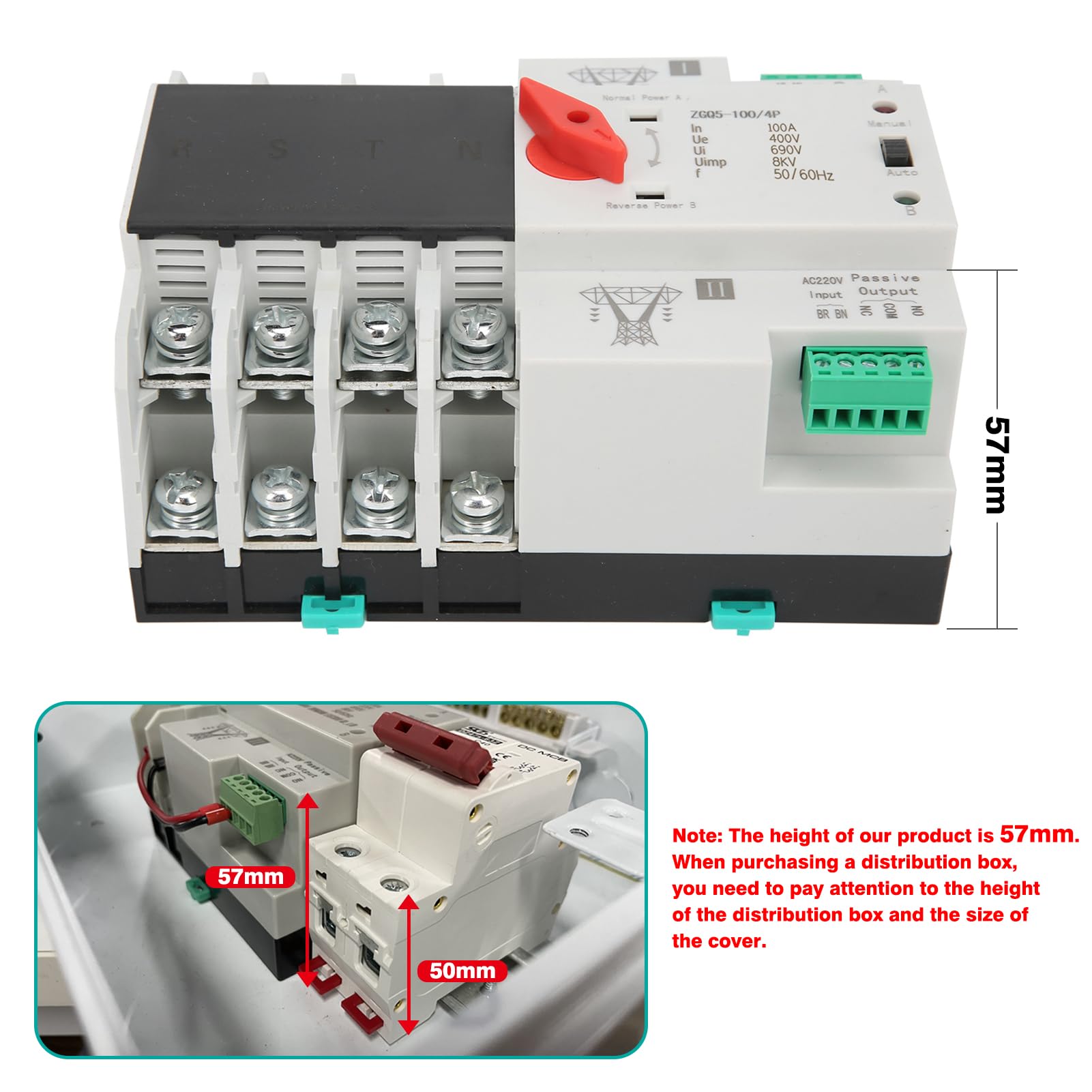 Jadeshay Interruptor de Transferencia Automática,100A ATS PC Interruptor Cambio de Disyuntor de Interruptores de Alimentación Doble para Energía,Electricidad Municipal, Generador (ZGQ5-100/4P 400V)