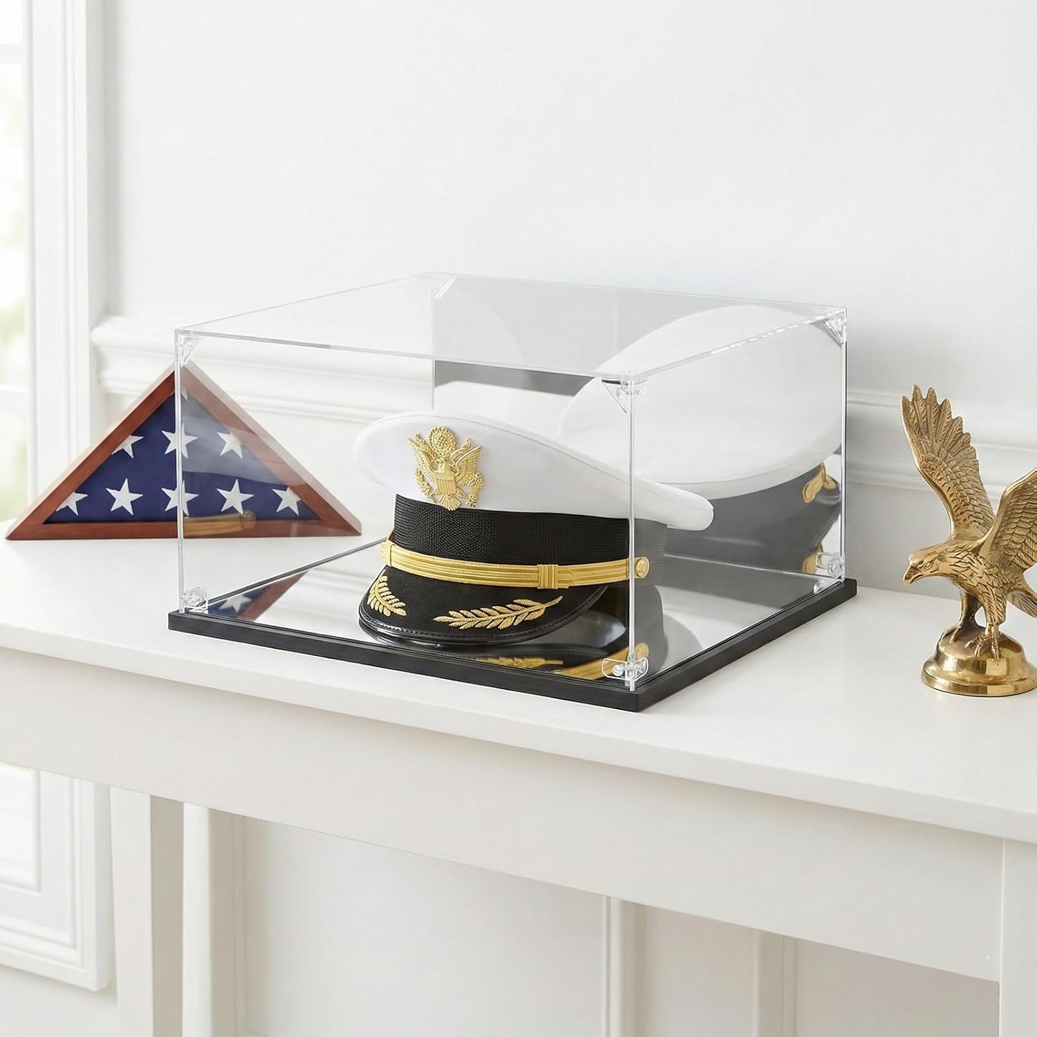 Police & Military Hat Acrylic Display Case with Mirrored Back & Base - Inner 13.8x11.8x6.8 Inch Dustproof Storage Box for Memorabilia, Sports Caps & Collectibles, Tool-Free Assembly
