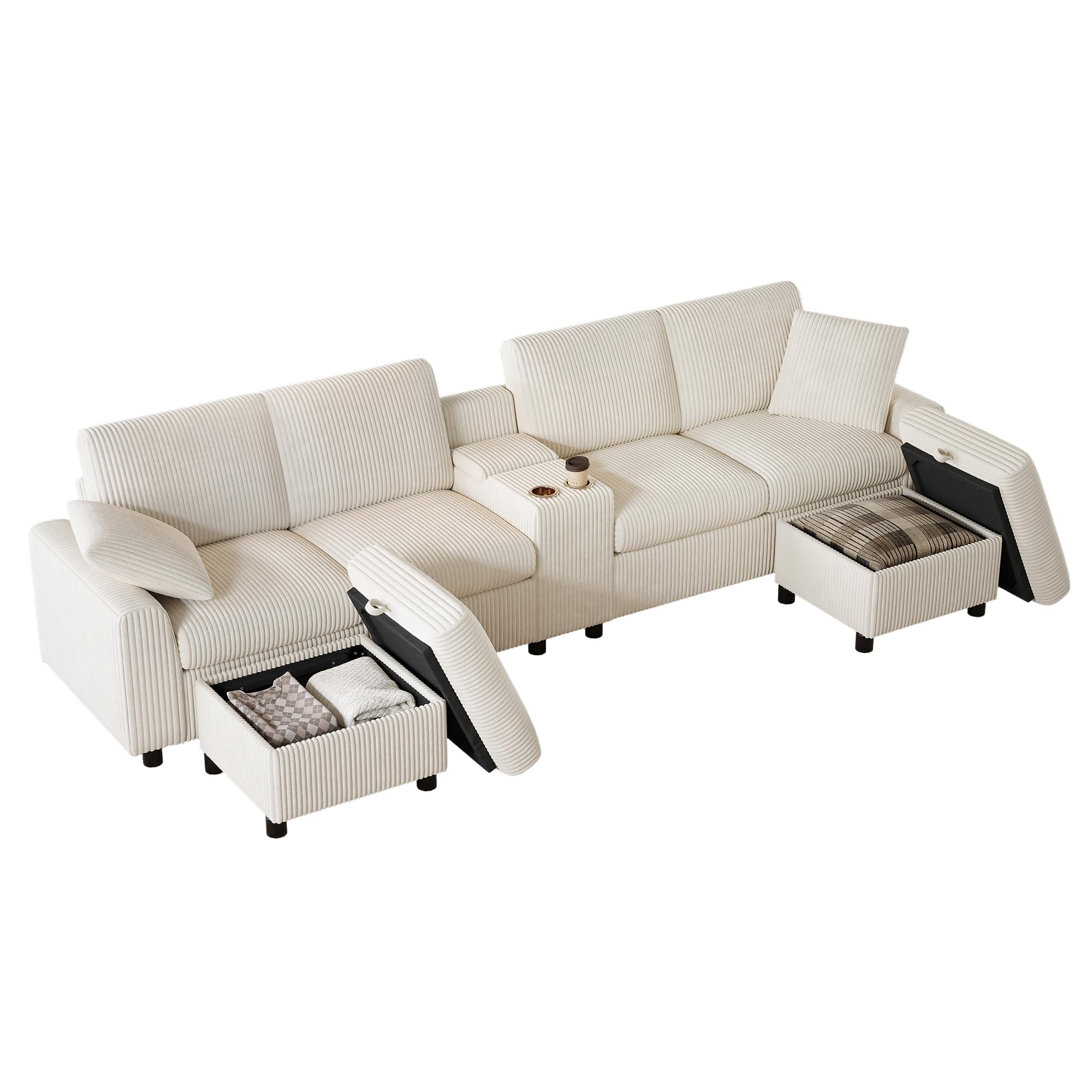 Divano a forma di U in Corduroy, beige, 140 x 320 cm, con 2 poggiapiedi con funzione di stoccaggio, tavolino da caffè, 2 portabevande