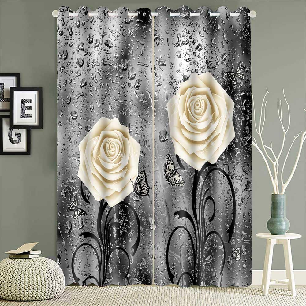 White Rose Curtains 84 inch Length White Floral Raindrops Gray Art Blackout Curtains for Living Room Bedroom Thermal Insulated Drapes 42x84 Inches 2 Panels