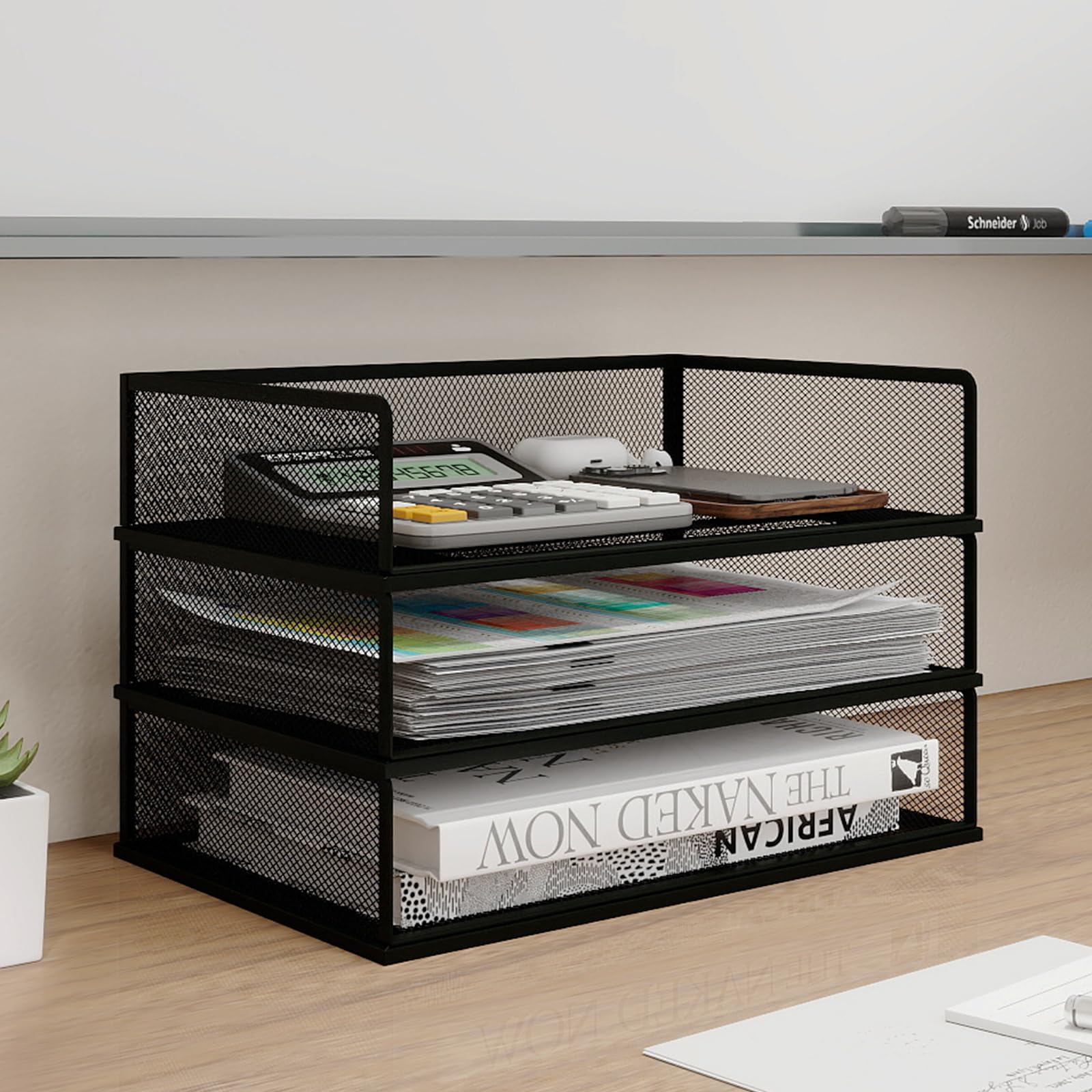 PUNCIA Corbeilles à Courrier en Maille Métallique à 3 Niveaux | Organiseur de Bureau Multimédia Boîte de Rangement Support d'Empilage Documents Organisateur pour Bureau à Domicile (Noir)