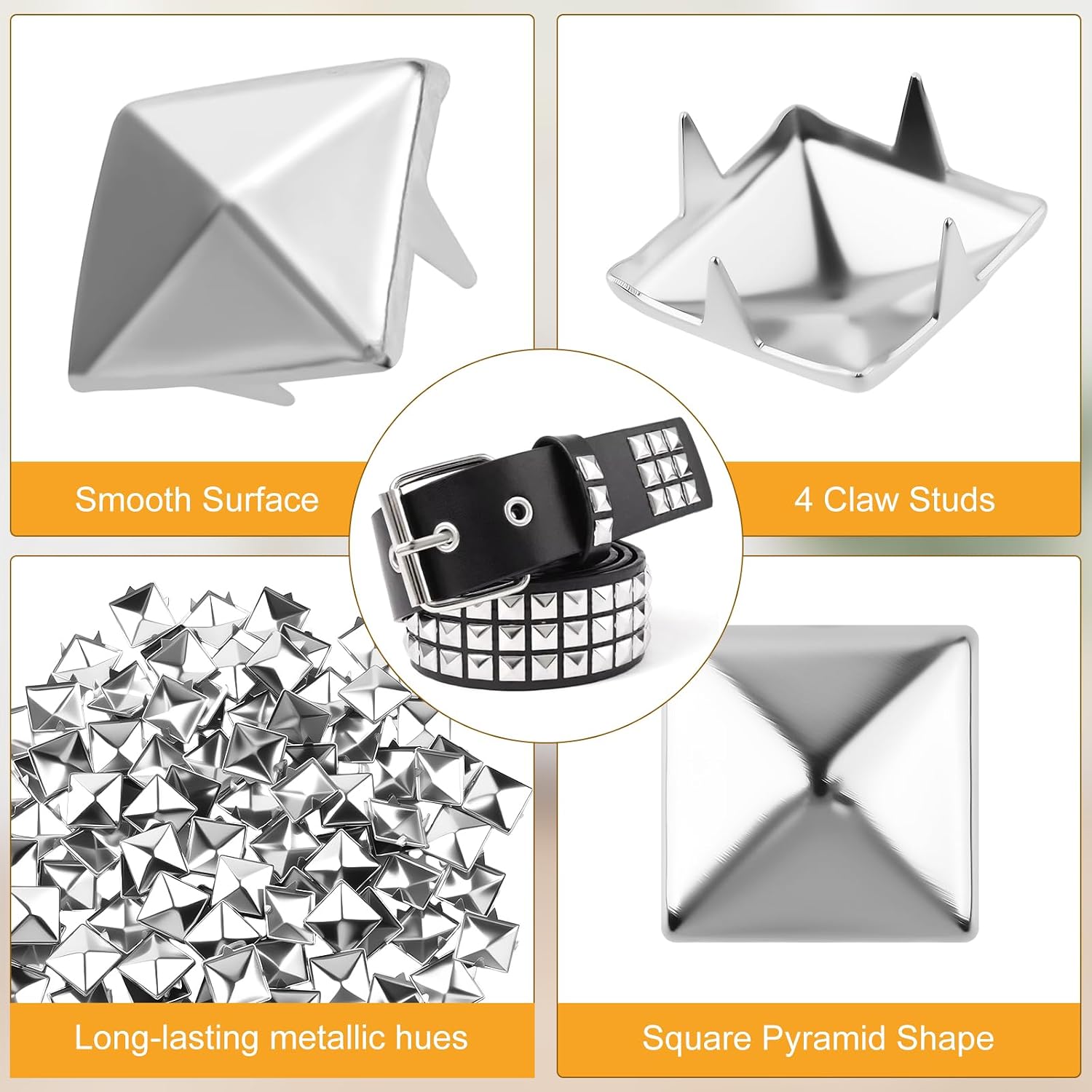 Square Pyramid Studs for Clothing Leather Craft，400PCS 10mm Pyramid Studs Kit for Clothing with Awl Tool, Silver Metal Studs and Spikes Kit with 1 Wooden Handle Cone for Punk-Rock-Clothing, Jackets